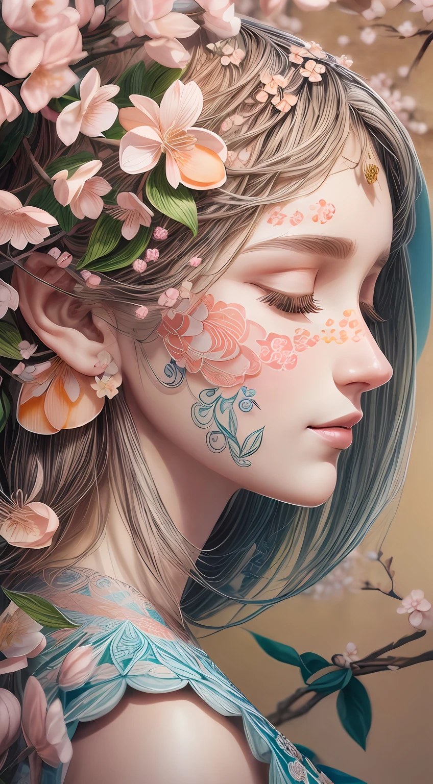 (illustration:1.3),paper art, zentangle，3D rendering，Spring，(Beauty side face,close eyes:1.3)，(peach blossoms:1.2), Colorful, Best quality, Detailed details, Masterpiece, offcial art, Cinematic lighting effects, 4K,