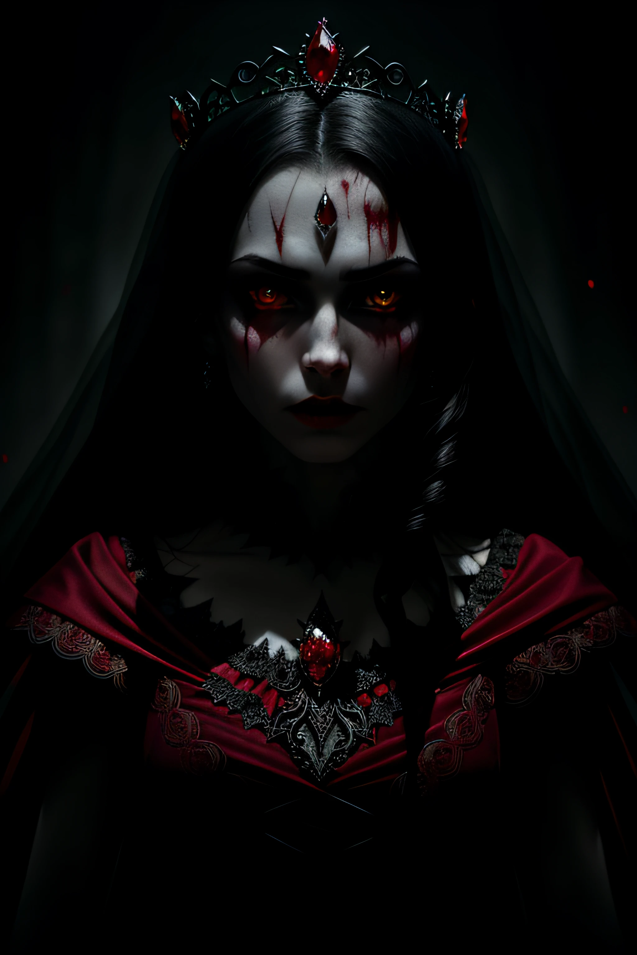 (sharp focus:1.1) photo of a vampire queen, blood droplets, blood soaked hair, ruby tiara, lace dress, alluring, yellow eyes, dark shadows, intensity, insanity, 8k, high quality, intricate details, close up, glowing eyes,