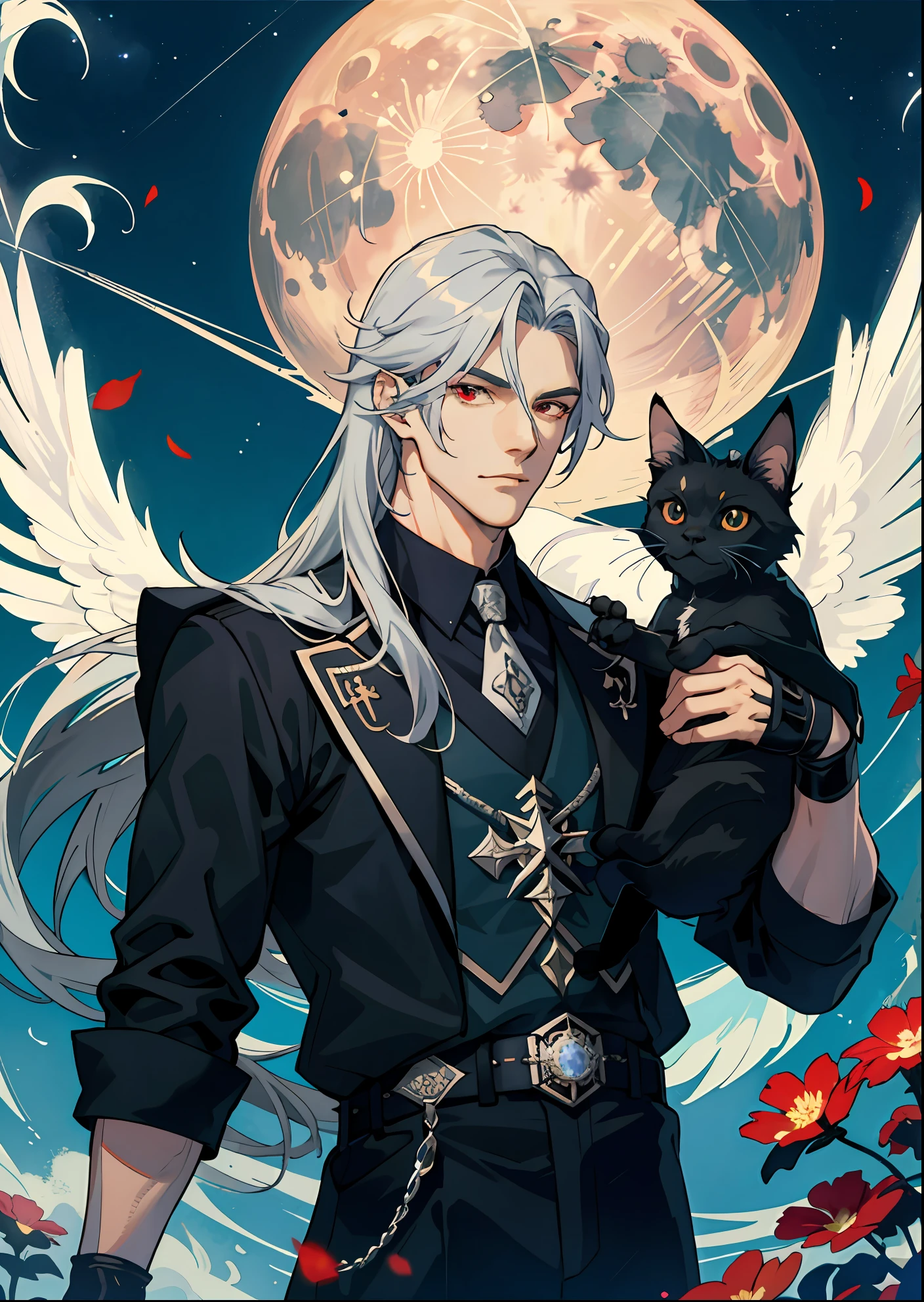 tmasterpiece, best qualtiy, 1male people, AS-Adult, tall muscular, handsome, Elaborate Eyes, Complicated details, Long silver hair, Red eyes, Complicated details, fanciful, the night, (dark themes), Cinematic light optic, Colorful, sportrait, Flying petals，Flower-filled meadows，mostly cloudy sky，buliding，themoon，optic，holland angle，cowboy lens，There is a black cat on the shoulder
