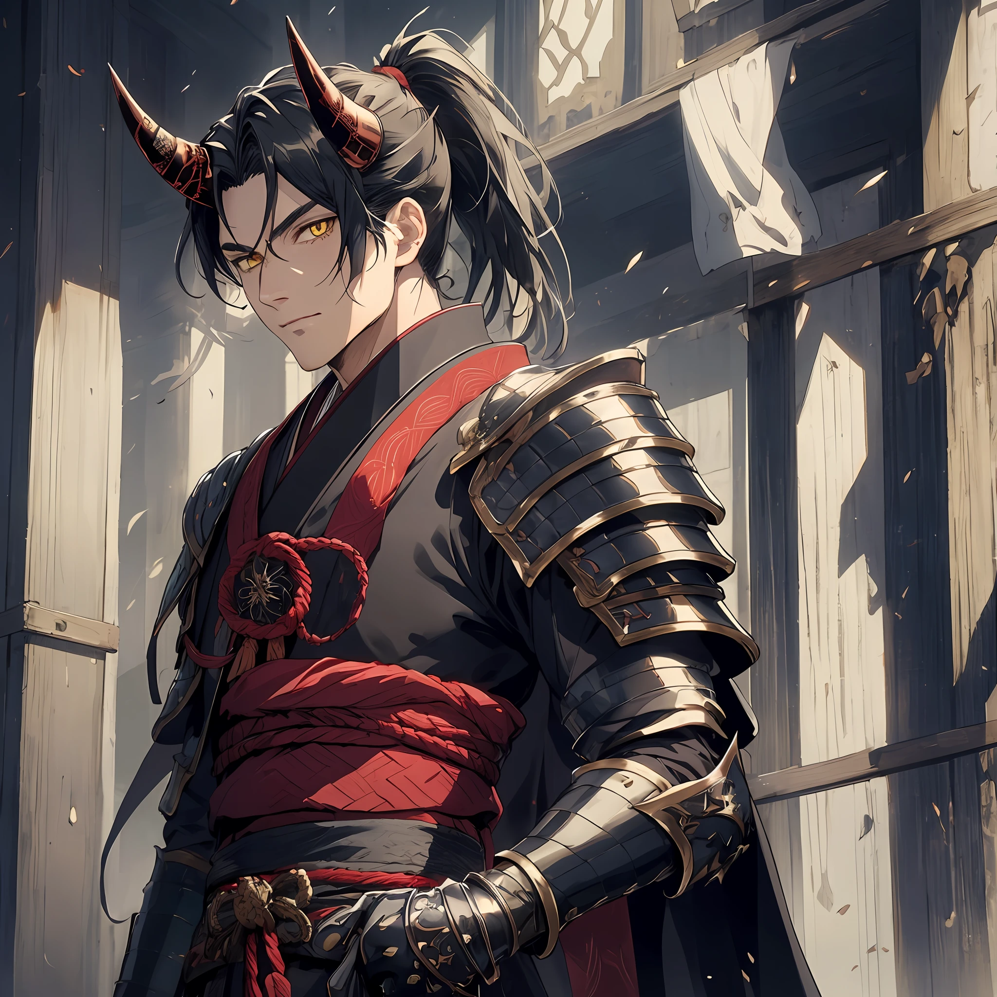 demonmasterpiece, best quality, 1man with demonic horn on the head, adult, male focus, solo, ponytail hair, dark black green hair, vibrant yellow eyes, looking at viewer, High quality metal texture, closed mouth, Fantasy aesthetics, Highly detailed, shadowverse style, black armor, armored gloves, metallic gloves, samurai, japanese attire