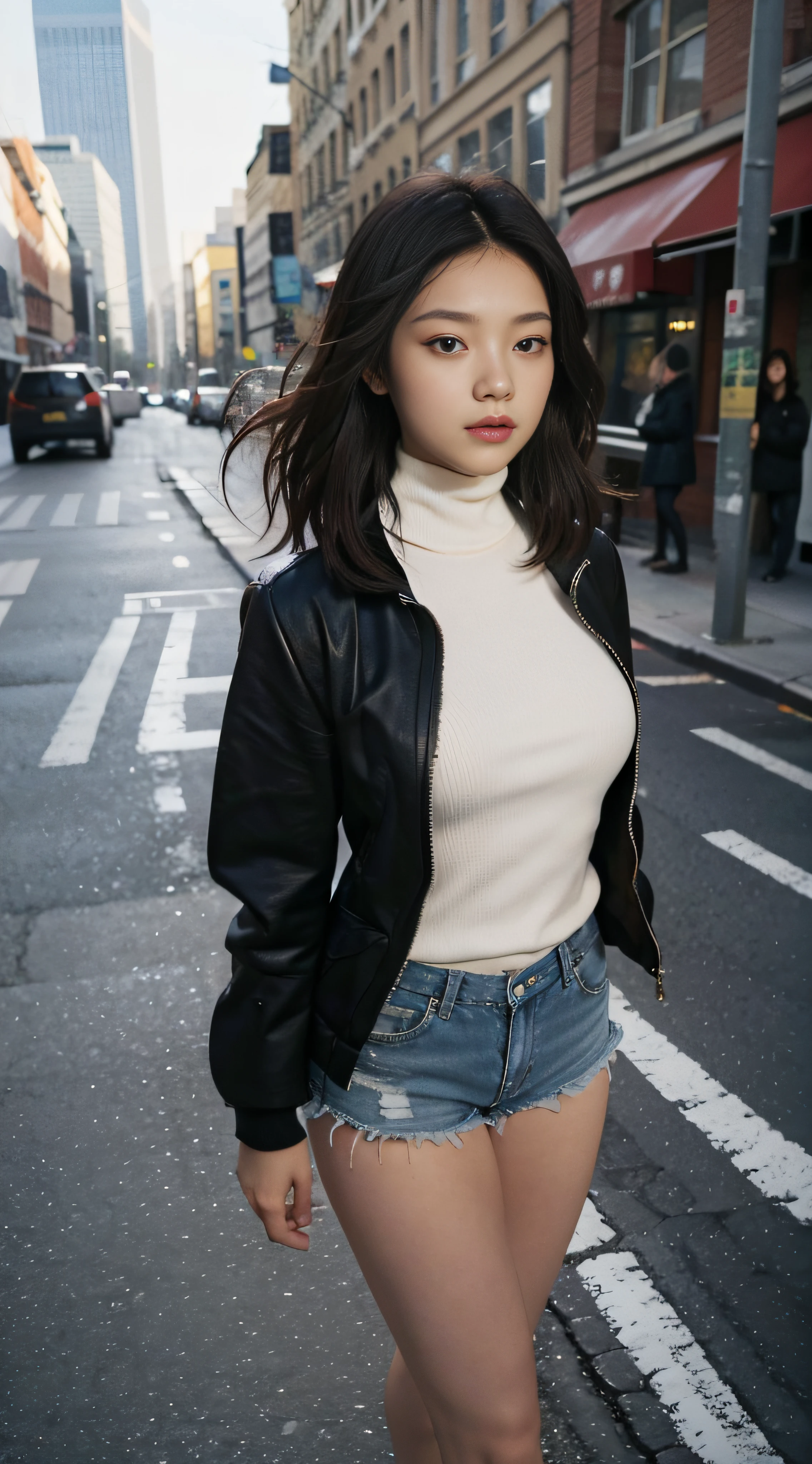 1girll,Short shorts, turtleneck jacket,
City,
Walking, arms back behind,
{{{Masterpiece}}},{Best quality,Amazing,finedetail,Solo,{{Floating hair}},{{Wind}},Detailed background,Beautiful detailed eyes,,Bright pupils,{{full body}}, Dynamic pose,Dynamic Angle,Detailed clothes,,