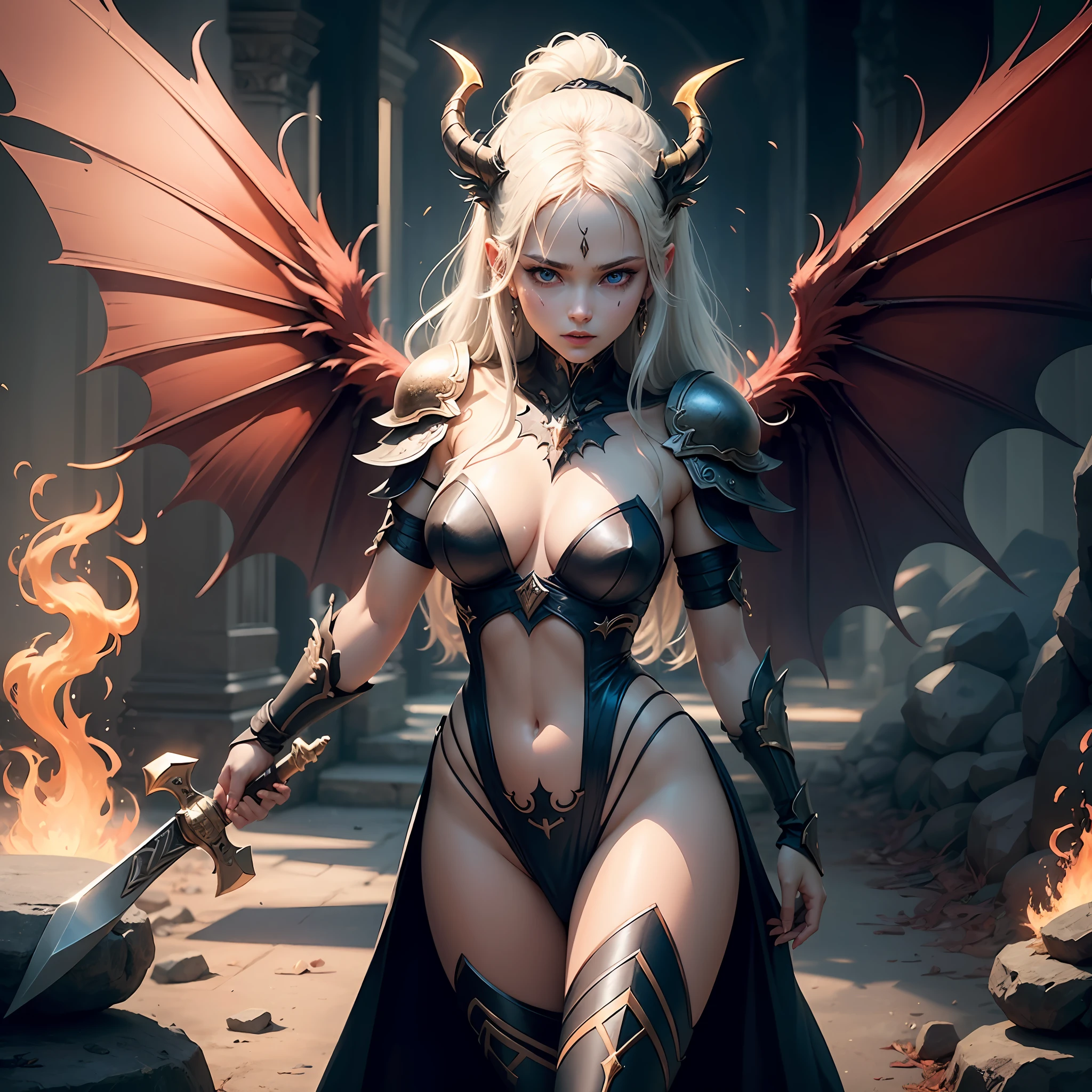(extremely detailed CG unity 8k wallpaper,masterpiece, best quality, ultra-detailed, beautiful detailed eyes:1.2),best illumination, (best shadow, an extremely delicate and beautiful, bloom),
1gril,solo,red eyes,Heavy armor,long hair,holding sword,Angel wings,black wings,red jewelry,(big wings:1.4),Film filter,Satan, Hellfire,full body,demon,flame, --auto