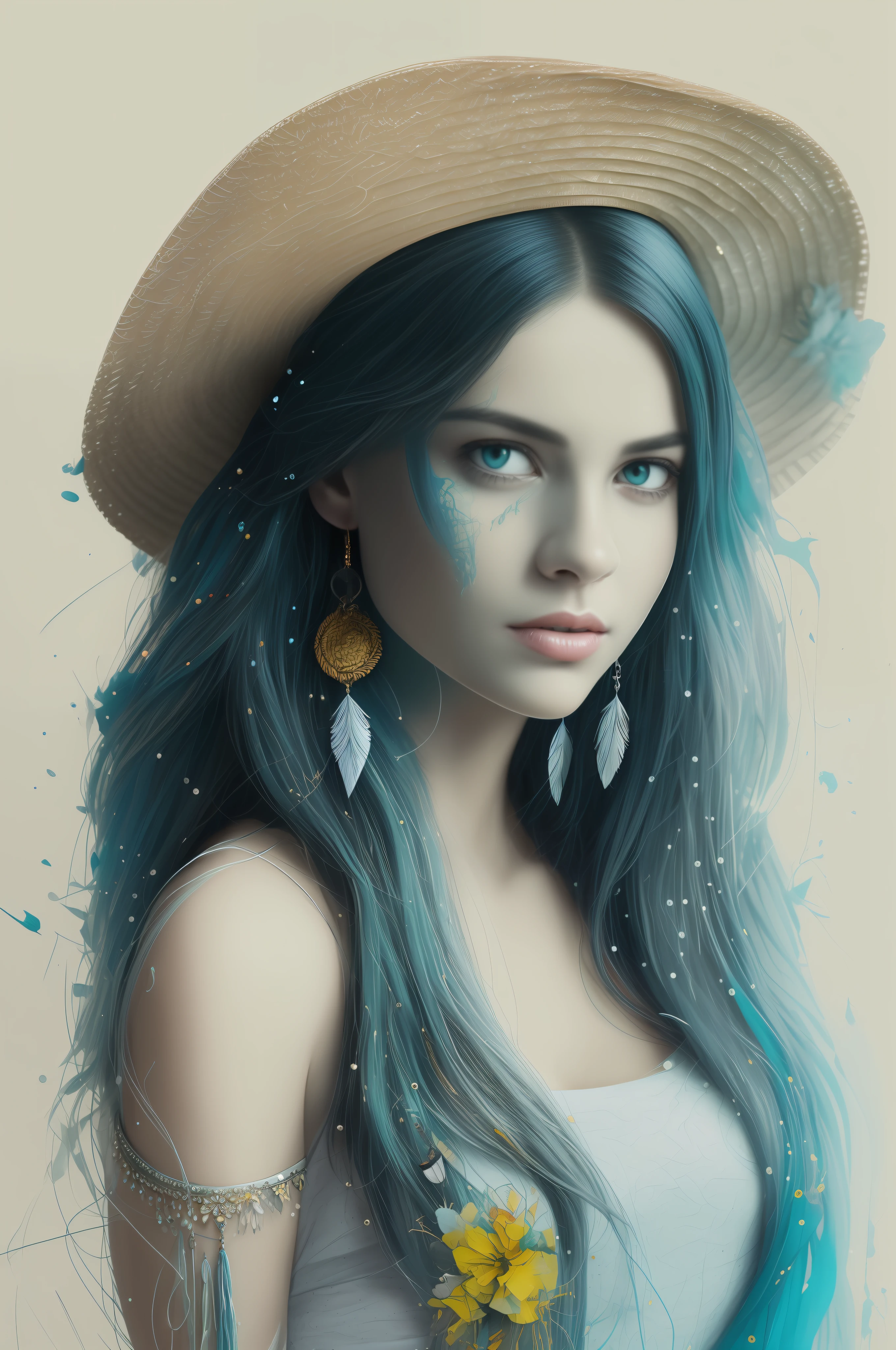 (selfie :1.5),(,Beautiful girl wears a feather-decorated straw hat and an off-the-shoulder lace dress. The skirt is made of feather decorations of various colors, exquisite feather pendants, earrings and gemstone bracelets.Nice and round breasts and bottom. (, mixed media drawing, by Carne Griffiths and Artur Bordalo. Highly Detailed, High Contrast, 24K, OctaneRender,