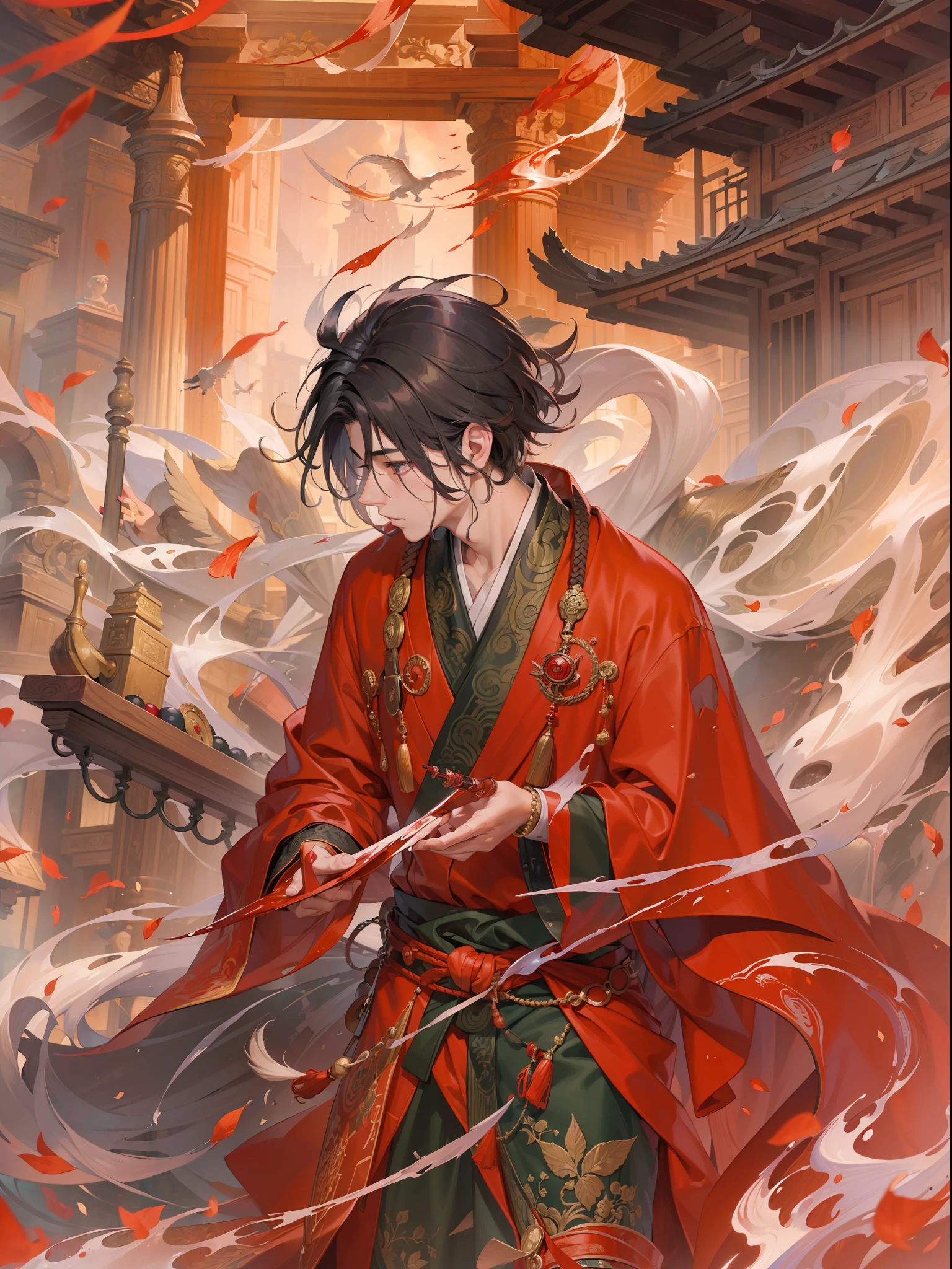 (((Masterpiece))),(((Best quality))),(((Amazing detail))),((Novel illustration)),A young Asian man wearing a blood-red robe with coiled hair