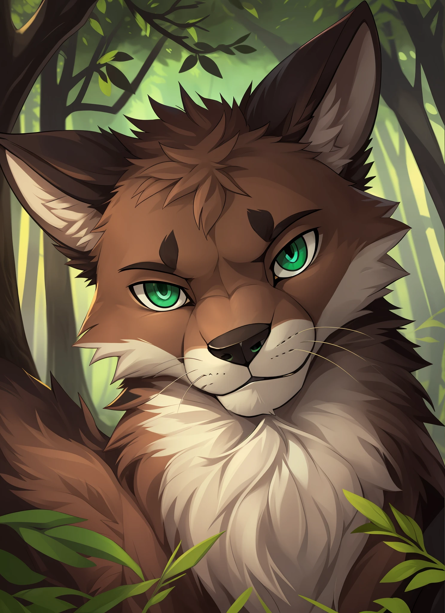 murdoch, solitary, with sleek brown fur, staring directly at the viewer, captured through the lens of the camera, exuding a cunning and sly aura, residing within the mystical embrace of an enchanted forest, mesmerizing emerald eyes, youthful yet harboring a hint of danger, irresistibly alluring.