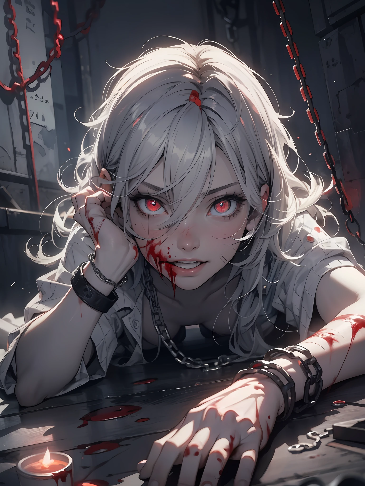 masterpiece, best quality, 1 girl, supine, lying face down on the floor, pale skin, messy hair, red eyes, glowing eyes, creepy, creepy smile, crazy expression, blood on face, blood on clothes, naked, creepy, scary, blood, horror, light particles, night, iron bracelets with chains