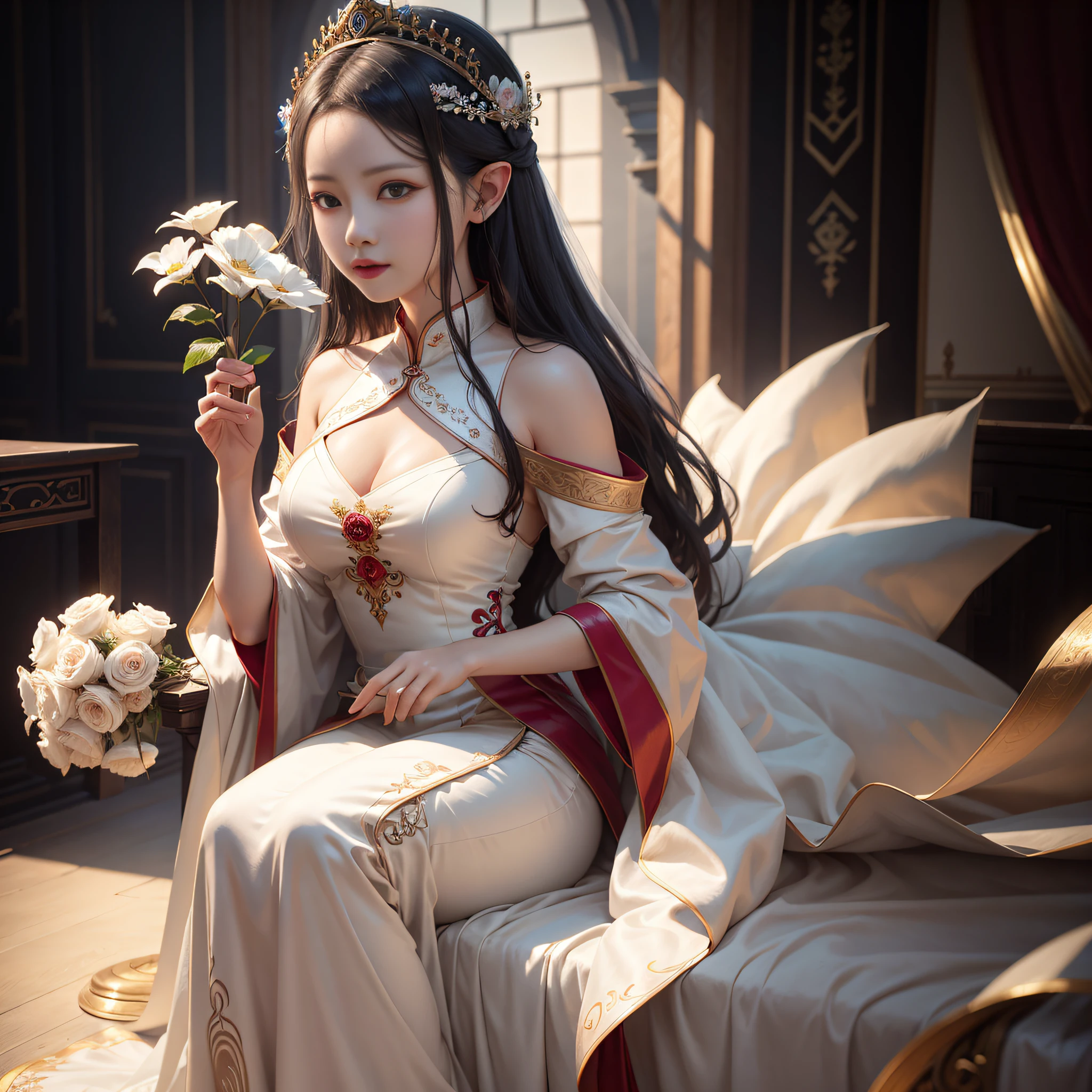 there is a woman in a white dress sitting on a bed, Guviz-style artwork, Palace ， A girl in Hanfu, a beautiful fantasy empress, Guviz, ((a beautiful fantasy empress)), guweiz masterpiece, White Hanfu, trending on cgstation, by Yang J, Guweiz in Pixiv ArtStation