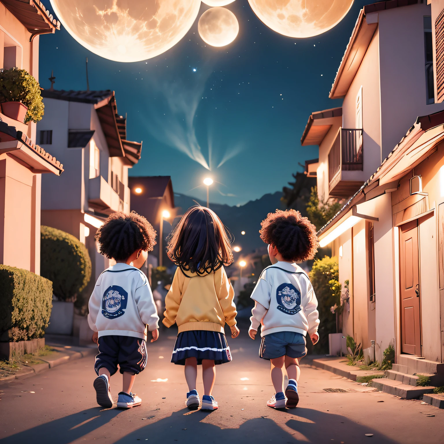 Em um noite de lua cheia em um bairro encatando de binquedos, 3 amigos menino de 6anos menina de 4 anos menino de 2 anos com varios binquedos