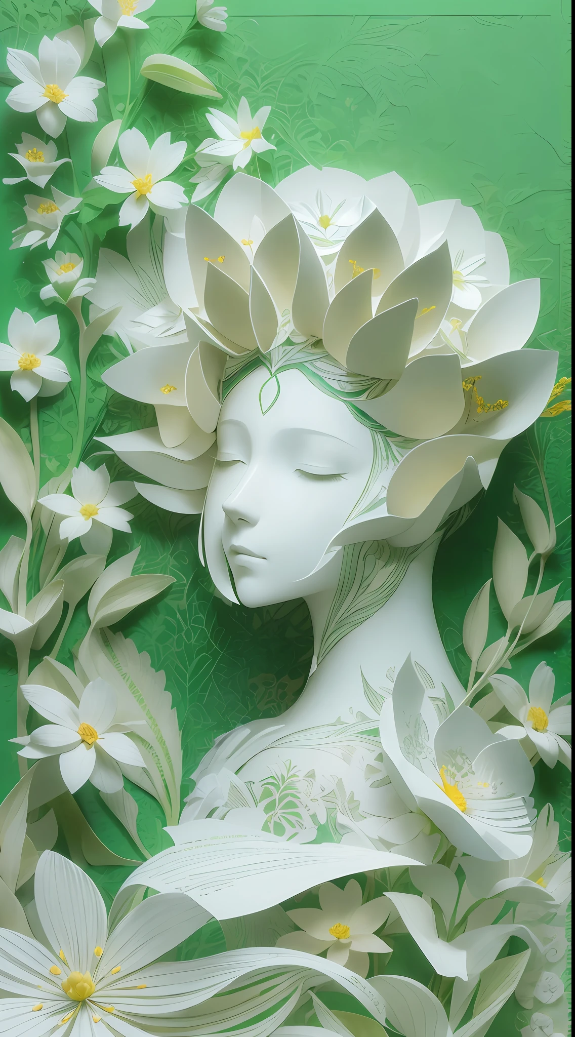 (Illustration: 1.3), paper art, 3D rendering, green background, (beautiful side face, closed eyes: 1.3), (white flower: 1.2), colorful, best quality, detailed details, masterpiece, official art, movie lighting effect, 4K, chiaroscuro, flash