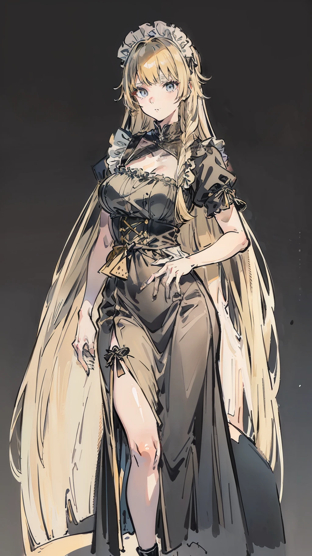 (Extremely beautiful,The picture quality is flawless,Highest HD maid outfit blonde CG/illustration),Black and white light gray background,(1 character),(Long hair and waist:1.1+blond hairbl:1.2)。