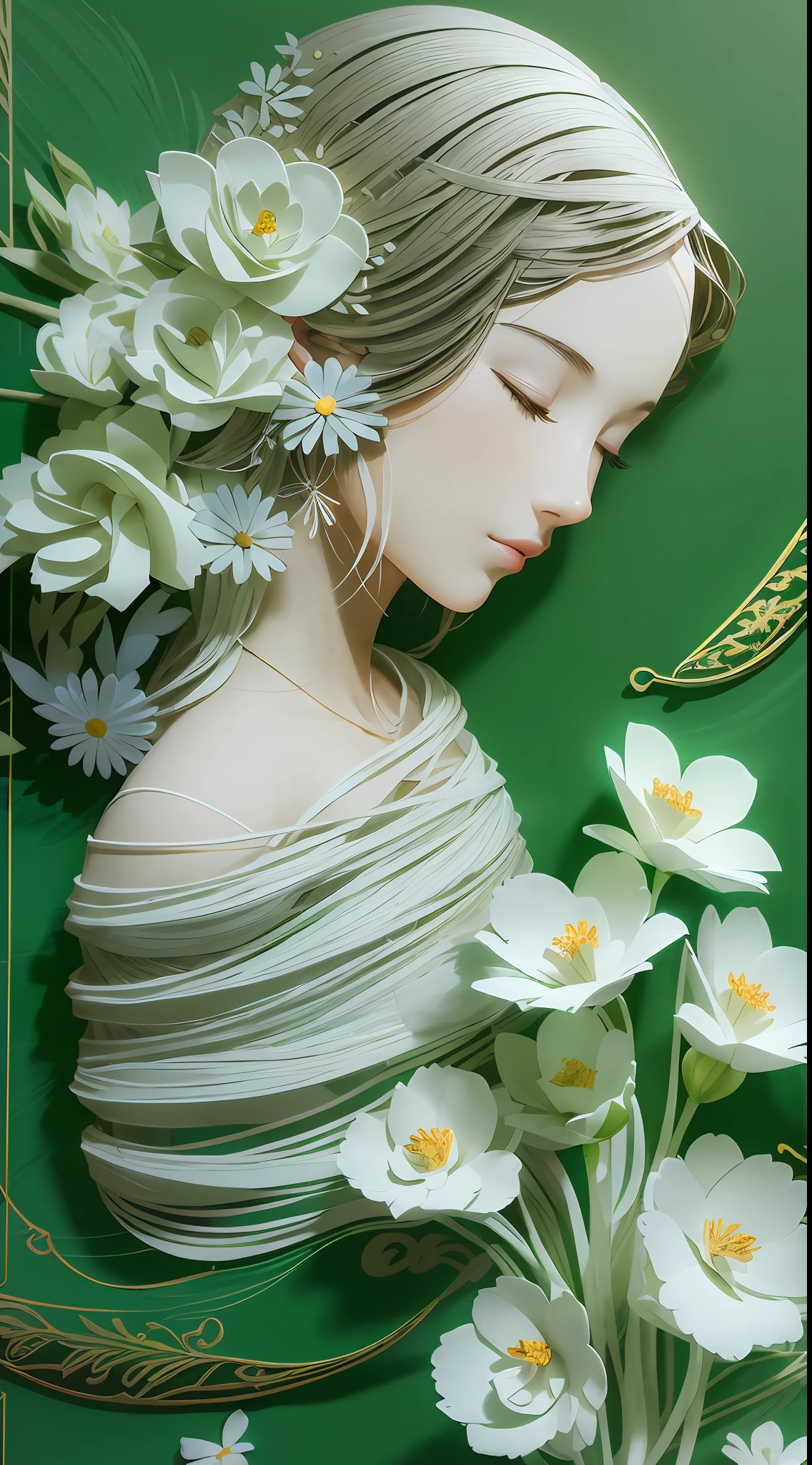 (Illustration: 1.3), paper art, 3D rendering, green background, (beautiful side face, closed eyes: 1.3), (white flower: 1.2), colorful, best quality, detailed details, masterpiece, official art, movie lighting effect, 4K, chiaroscuro, flash