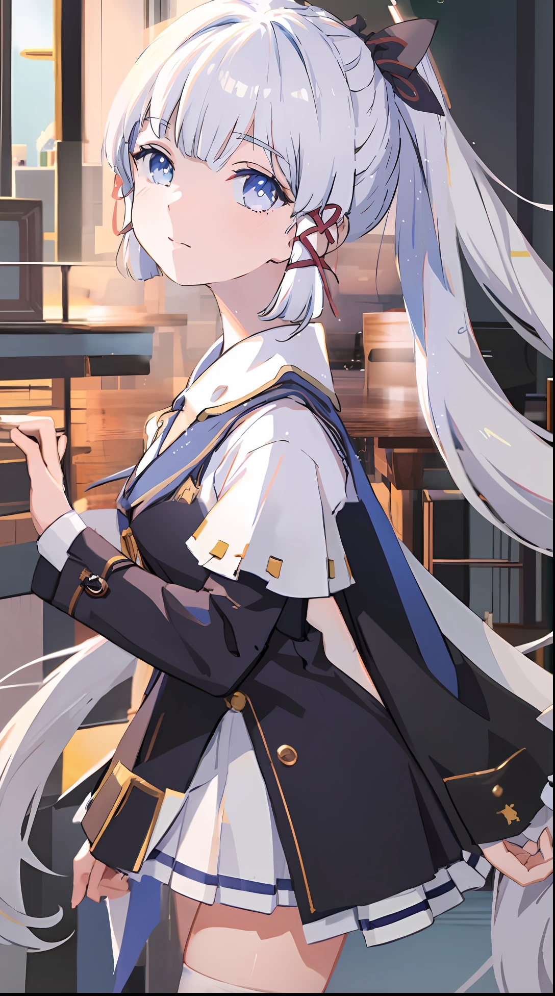 tmasterpiece,Highest image quality,There are anime girls with white hair and blue eyes in the school, A scene from the《azur lane》videogame, anime visual of a cute girl, Kantai collection style, azur lane style, Official artwork, shikamimi, anime moe art style, offcial art, anime portrait of shiina ringo, 《azur lane》role, Fine details. Girl Front