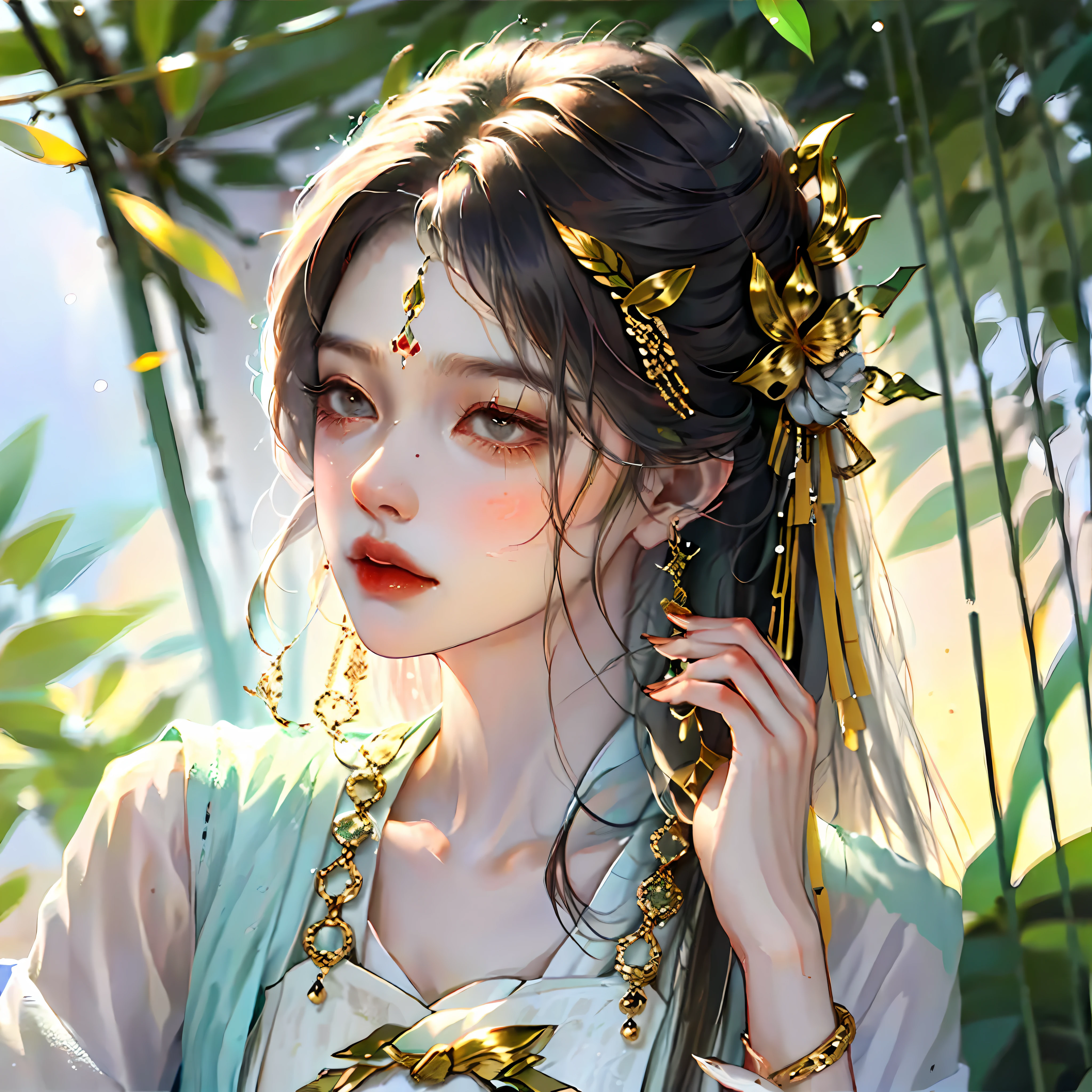 ember，Young monk，Melon seed face，Nice face，Wearing a gray Zhongshan suit，A string of Buddha flower beads，Bamboo forest，A few bamboo leaves fell，The wind gently blows the bamboo leaves，The sun shines，Hands-on，tmasterpiece