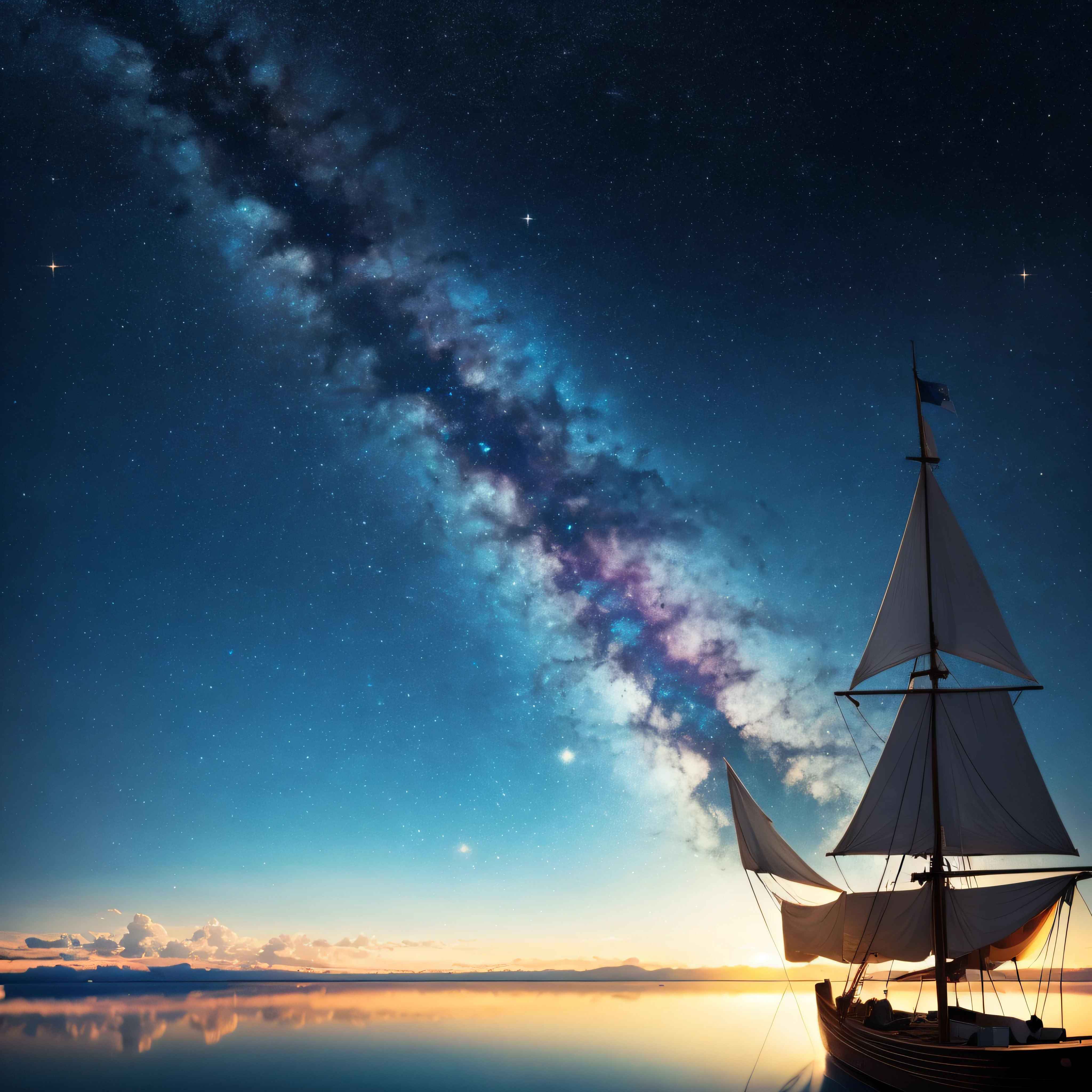 The vast starry sky, Vast sea, On a small sailing ship, the beautiful skyline, meteors, A young man stretches out his arms, Back Shadow, ray tracing, reflection light, cinematic lighting, Romanticism, anime style, UHD, masterpiece, ccurate, textured skin, super detail, super detail, award winning, best quality, 16k --auto