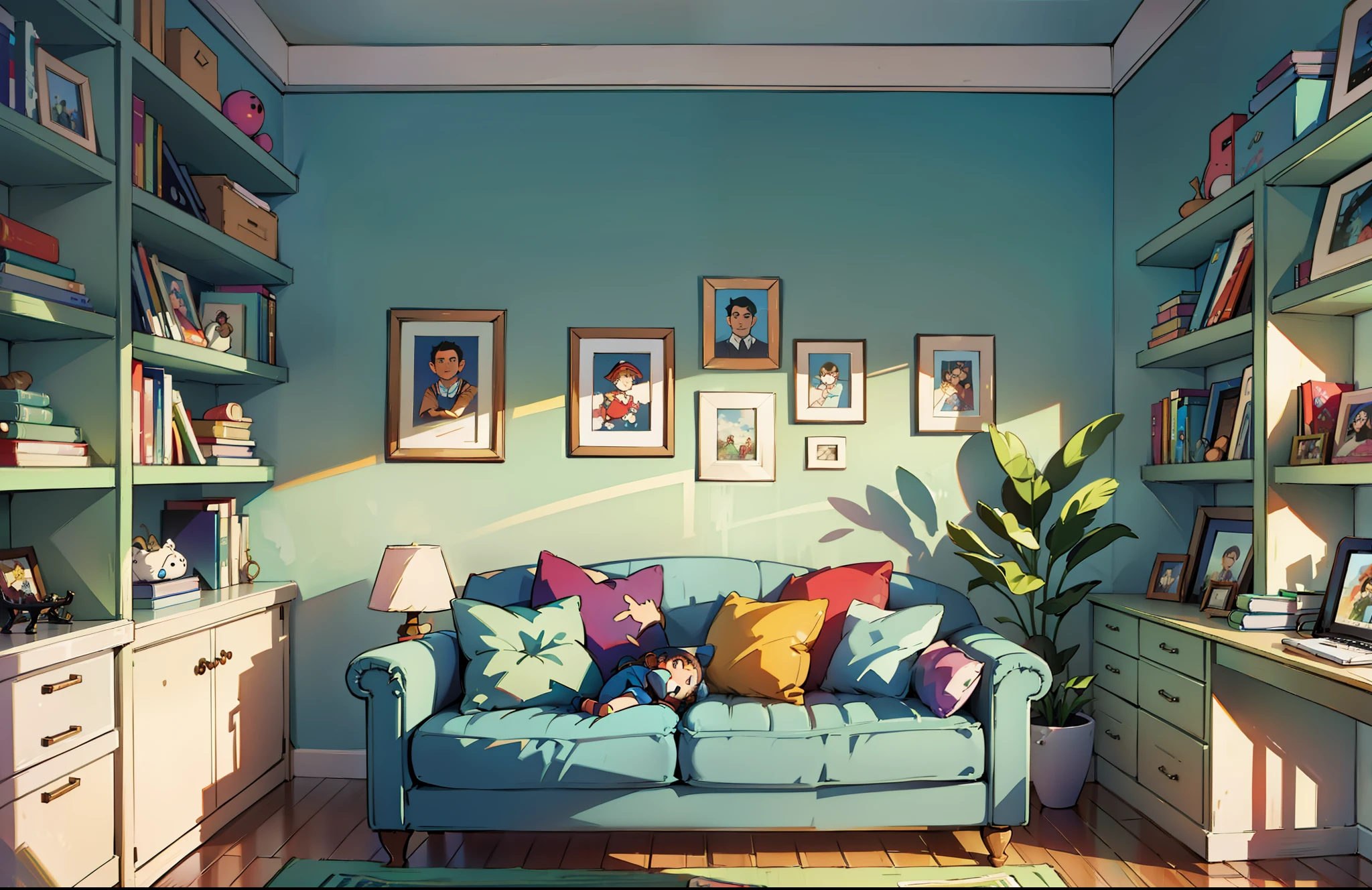 "Colorful and imaginative bookshelves in a cozy ???'s room with a variety of books and toys."