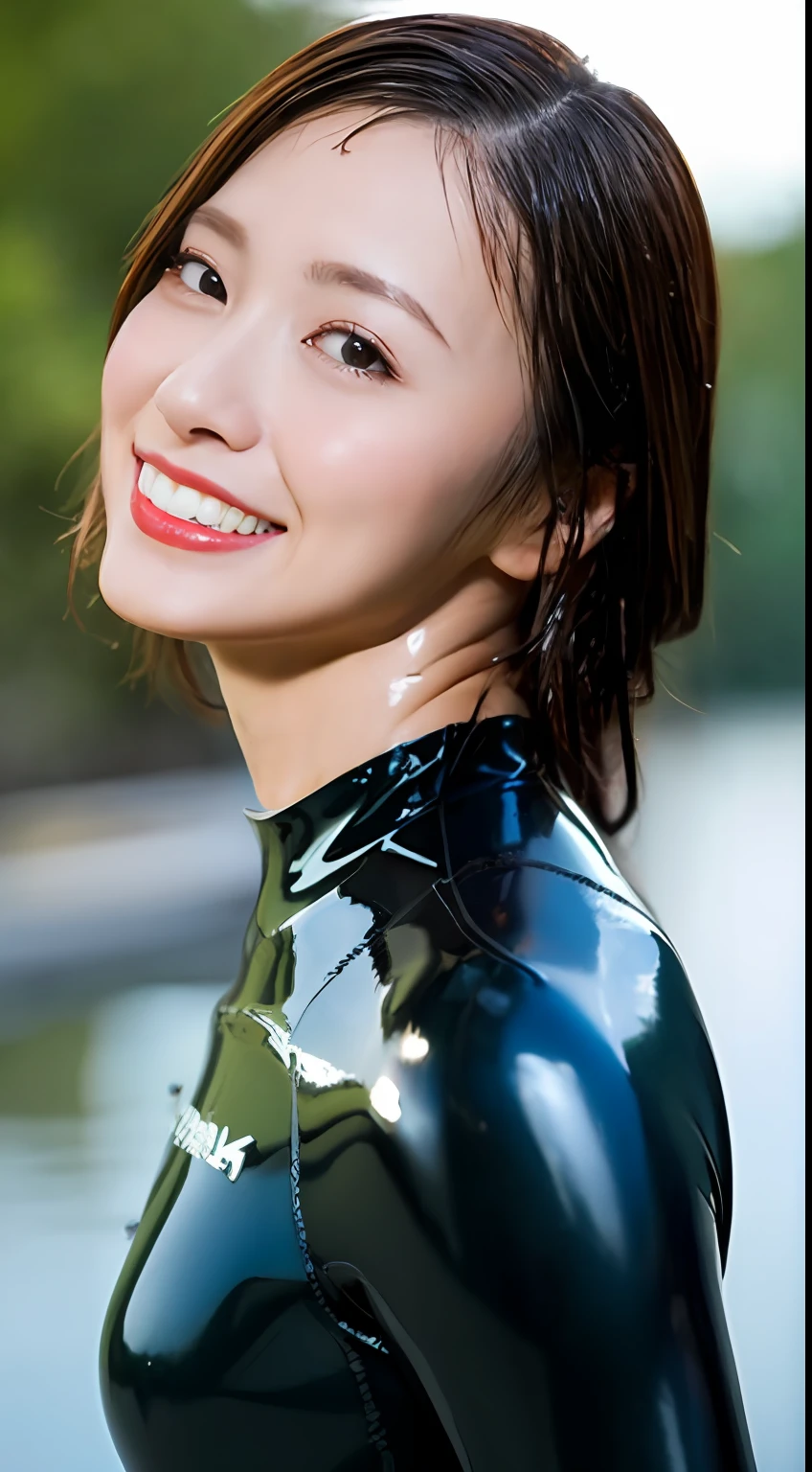 (Top Quality, 4k, Masterpiece: 1.3), Japan Women, 1 Girl, Sexy: 1.1, Dark Brown Hair: 1.1, (Wet Body: 1.3), (Glossy, Latex, Long Sleeve Wetsuit), Red Lipstick, Smile, (Big 1.9),