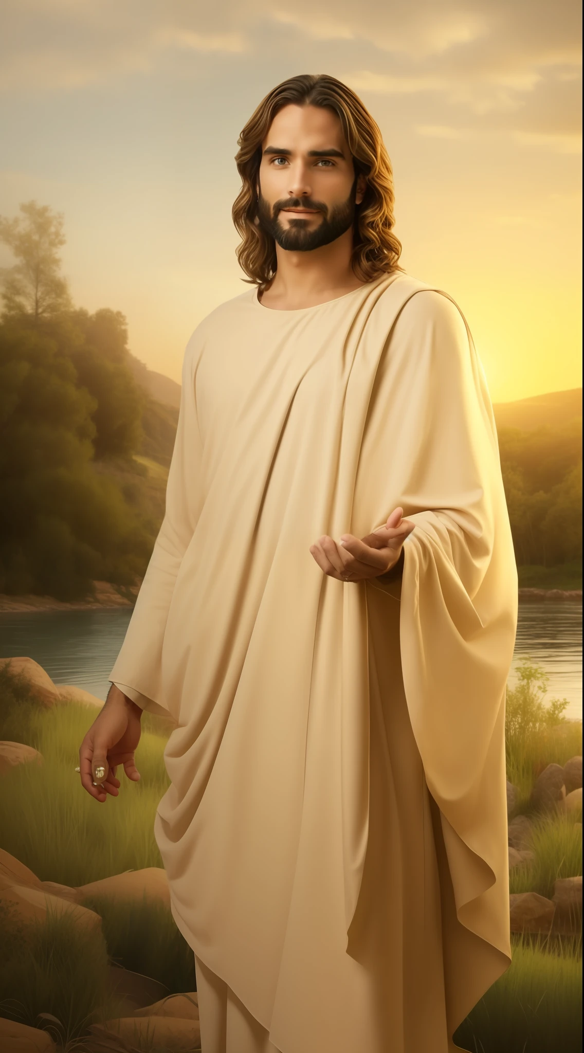 Seth Rollins como Jesus Cristo, sorrindo e feliz, wearing tunic, focar nos detalhes do rosto, cabelo escuro preto, semelhante ao seth rollins, wearing the long beige tunic of Jesus, Biblical style of Jesus, imagem realista, fundo da imagem preto escuro , melhor qualidade, 8k, focar nos detalhes.