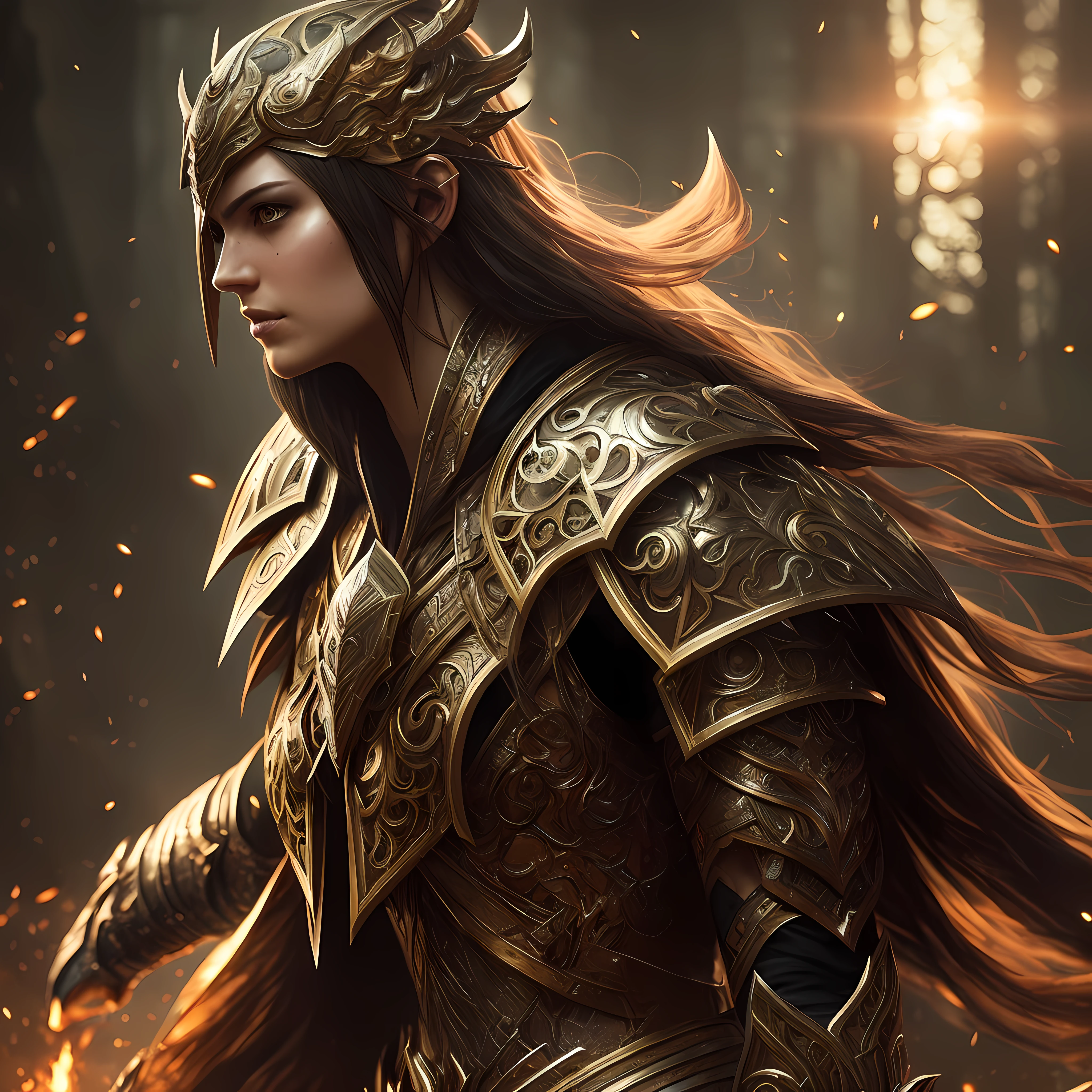 One (full body: 1.3) shot with 8k resolution, splash art, fantastic comic book style, photorealistic, intense visual, anatomical portrait of photorealistic digital painting of a (Woman 30 years: 1.3) human (warrior: 1.3) in intricate black and gold (heavy armor: 1.3) in one (dark and temperamental universe: 1.3), particle of light, very detailed skin, very detailed eyes, (Elden Ring style: 1.3), (Warhammer style: 1.1), conceptual artist, global lighting, depth of field, splash art, art by Artgerm and Greg Rutkowski and Viktoria Gavrilenko --auto