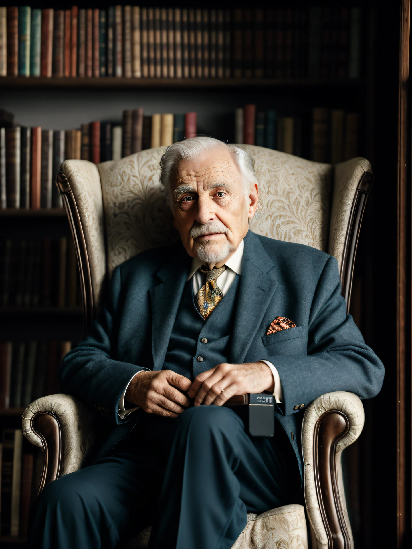 A portrait photograph of a handsome old man ((age 70)), award-winning photo, best quality, portrait by Annie Leibovitz, Canon 5D Mark II, film, professional photography, (rich colors:1.1), hyper realistic, realistic texture, (natural lightting: 1.1), (Canon EF 85mm f/1.4L IS USM) sitting in the armchair in the library. old man in an armchair,