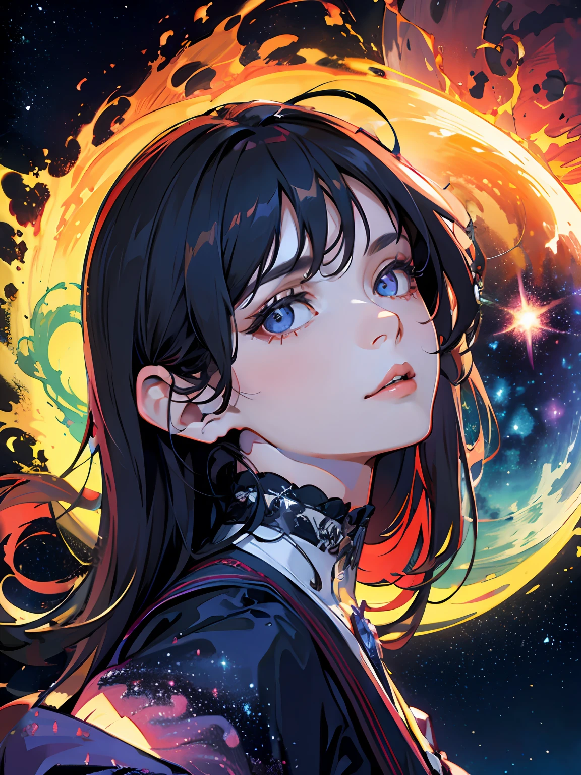 serene expression, mesmerizing eyes, vibrant colors, reflection, painterly effect, ultra detailed, official art, unity 8k wallpaper, masterpiece, (best quality:1.2), high quality, (((photoreal)), cinematic direction, (high contrast), depth of field, (award-winning difference photo), face detail, detailed drawing, ((high quality)), ((masterpiece)), 8k, light rays, extremely detailed CG unity 8k wallpaper, Extremely high quality detailed nebula, cosmos.