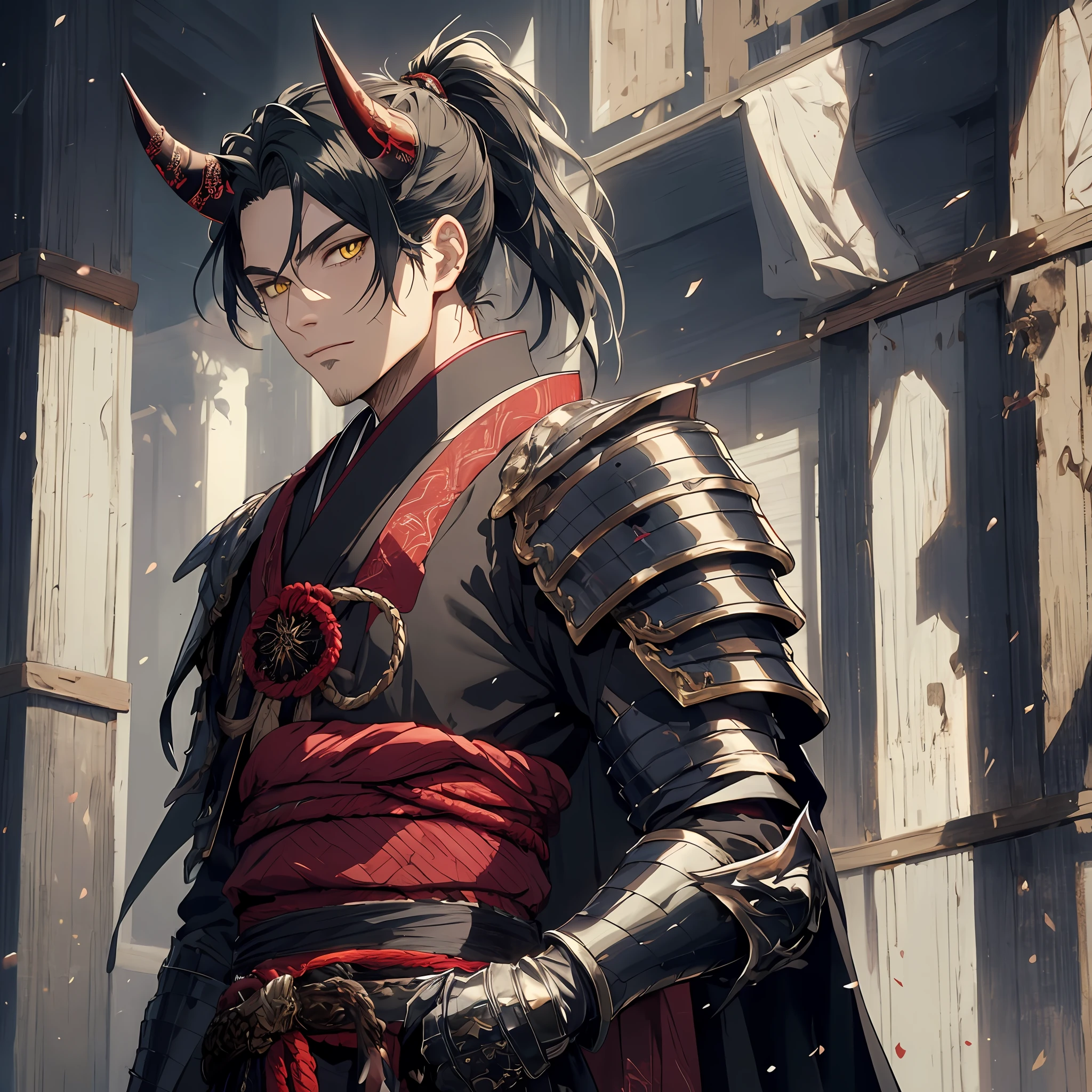 demonmasterpiece, best quality, 1man with demonic horn on the head, adult, male focus, solo, ponytail hair, dark black green hair, vibrant yellow eyes, looking at viewer, High quality metal texture, closed mouth, Fantasy aesthetics, Highly detailed, shadowverse style, black armor, armored gloves, metallic gloves, samurai, japanese attire