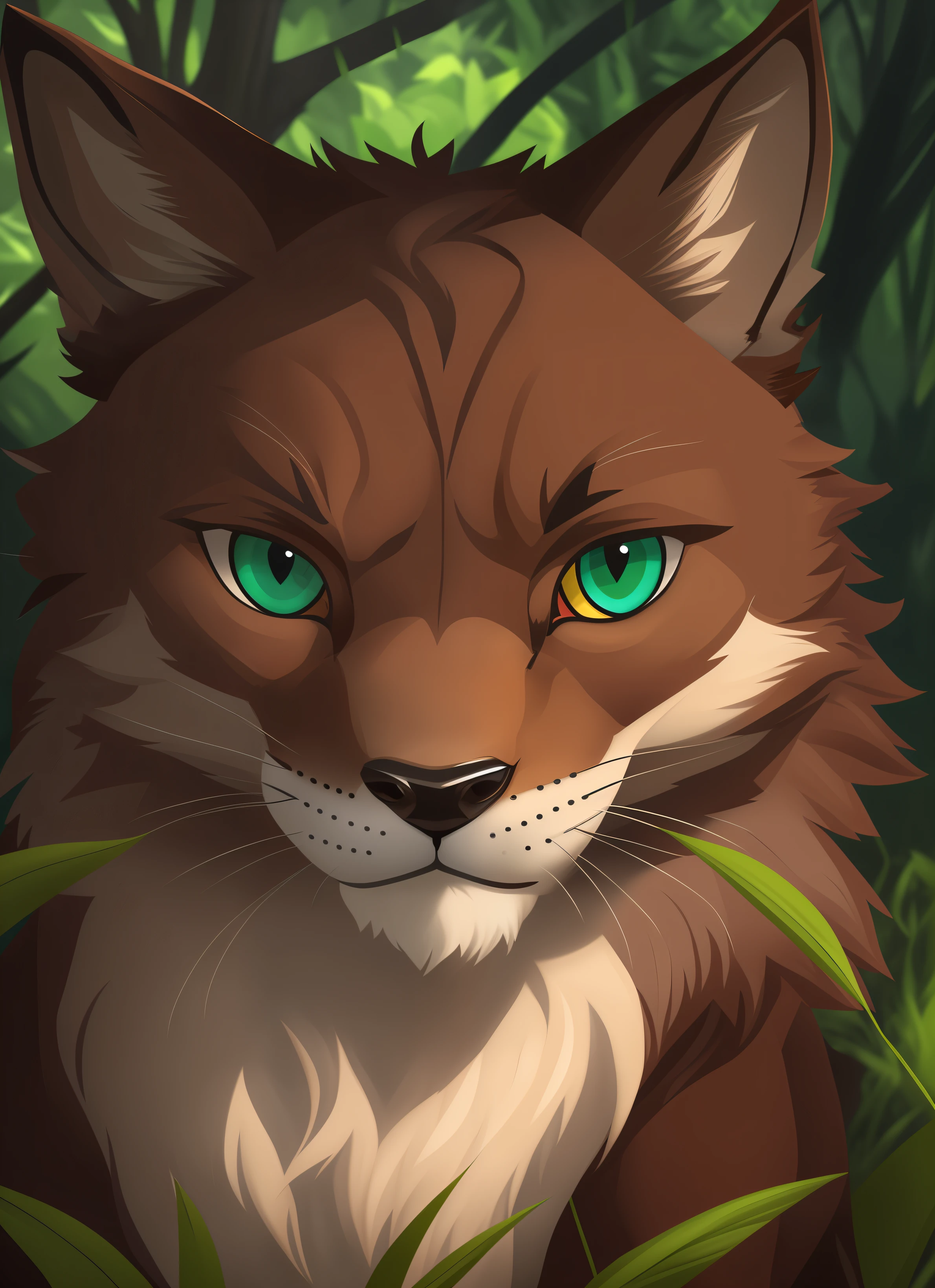 there is a cat with blue eyes sitting in the grass, anthro portrait, furry character portrait, druid portrait, portrait of an anthro fox, fursona art, handsome weasel fursona portrait, very very beautiful furry art, fursona furry art commission, anthro wolf face, warrior cats fan art, anthropomorphic lynx, commission for high res