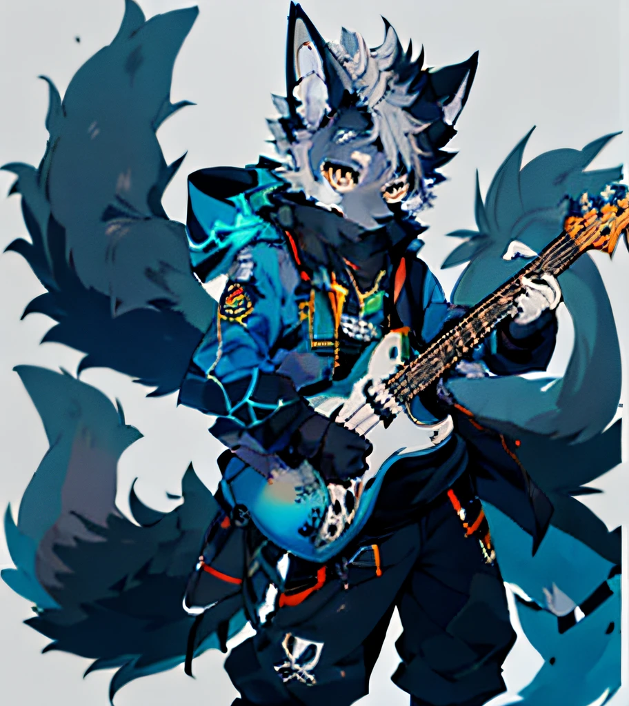One wears a gray coat and black(fluffy anthro furry:1.3), Furry gray wolf, (Michiru:1.1),, 1boy, Solo, whaite hair, Two-color hair, (Colorful eyes:1.3), Wolf ears, Electric bass