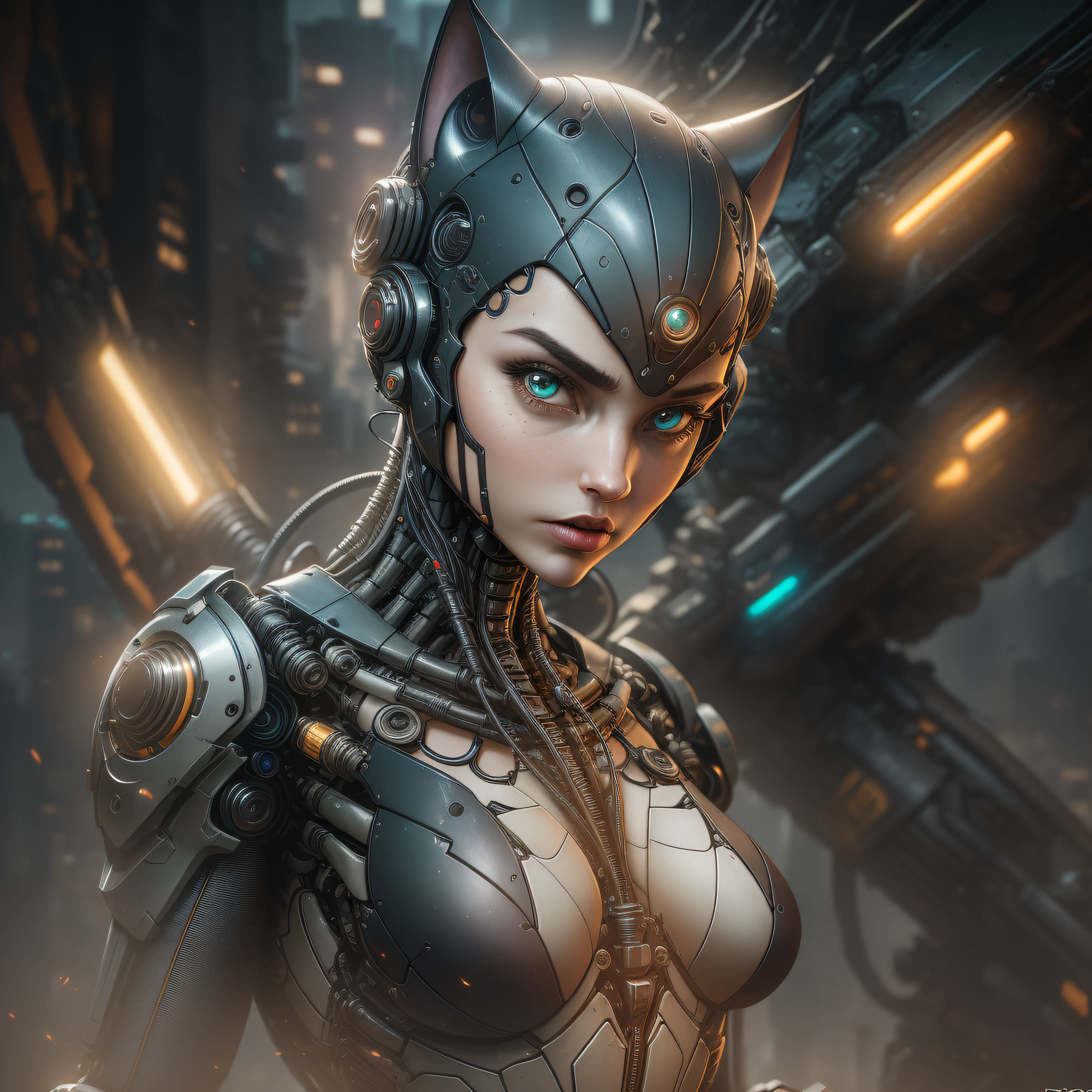 Catwoman from DC photography, biomechanical, complex robot, full growth, hyper-realistic, insane small details, extremely clean lines, cyberpunk aesthetic, masterpiece featured on Zbrush Central