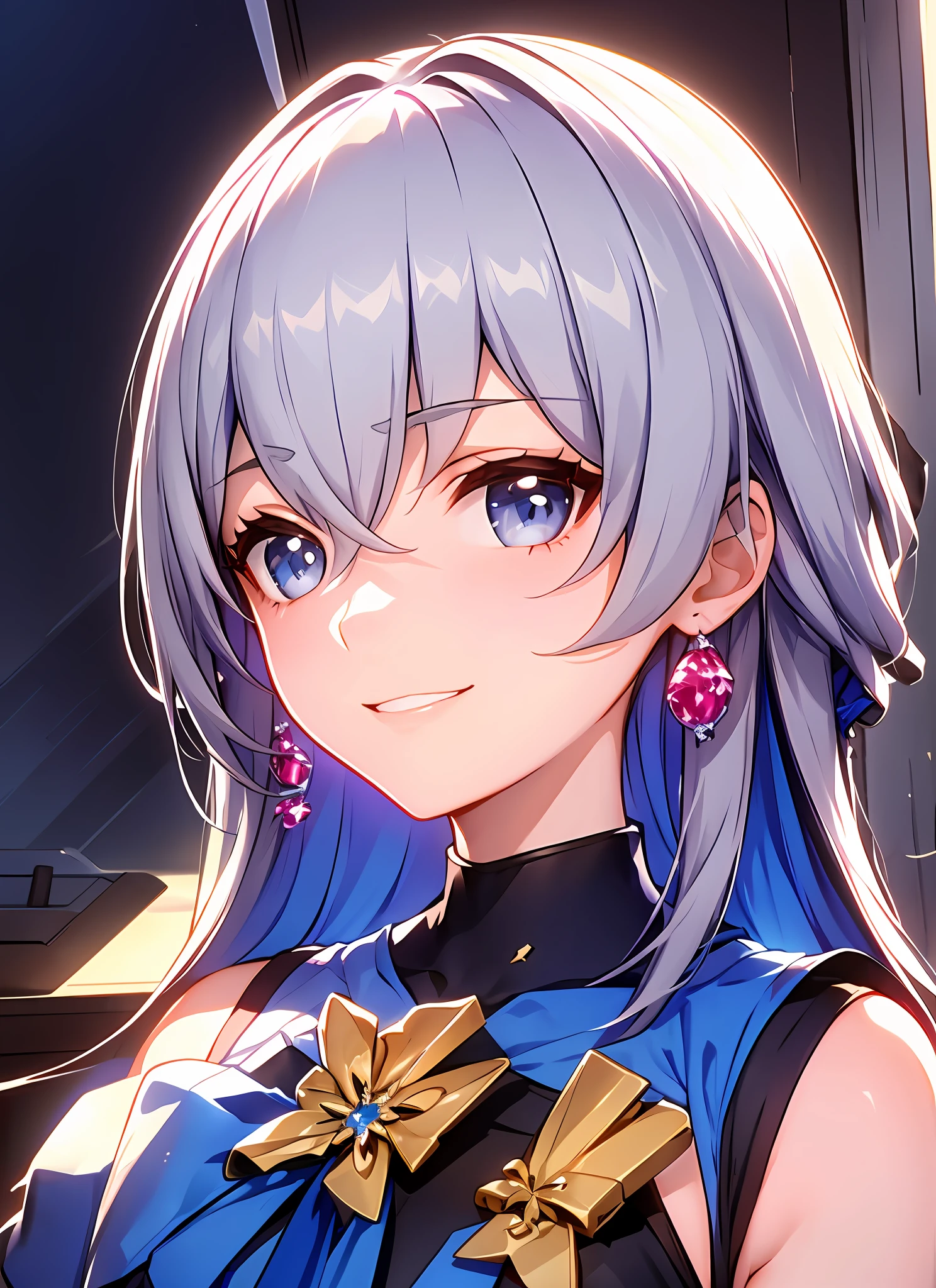 ph bronya, 1girll, Solo, trinkets, 耳Nipple Ring, long whitr hair, whaite hair, By bangs, drill bit, cropped shoulders, greyeyes, (off shadow:1.1), (Masterpiece:1.6, Best quality), (Delicate and beautiful eyes: 1.2), ultra - detailed, illustration, Beautiful detailed eyes, (Yandere:1.4), (vacant eyes), Contre-Jour, looking at viewert, Be red in the face, ssmile, (Masterpiece, fine detailed beautiful eyes: 1.2), /Machine whole body，From the side Side，Ray traching