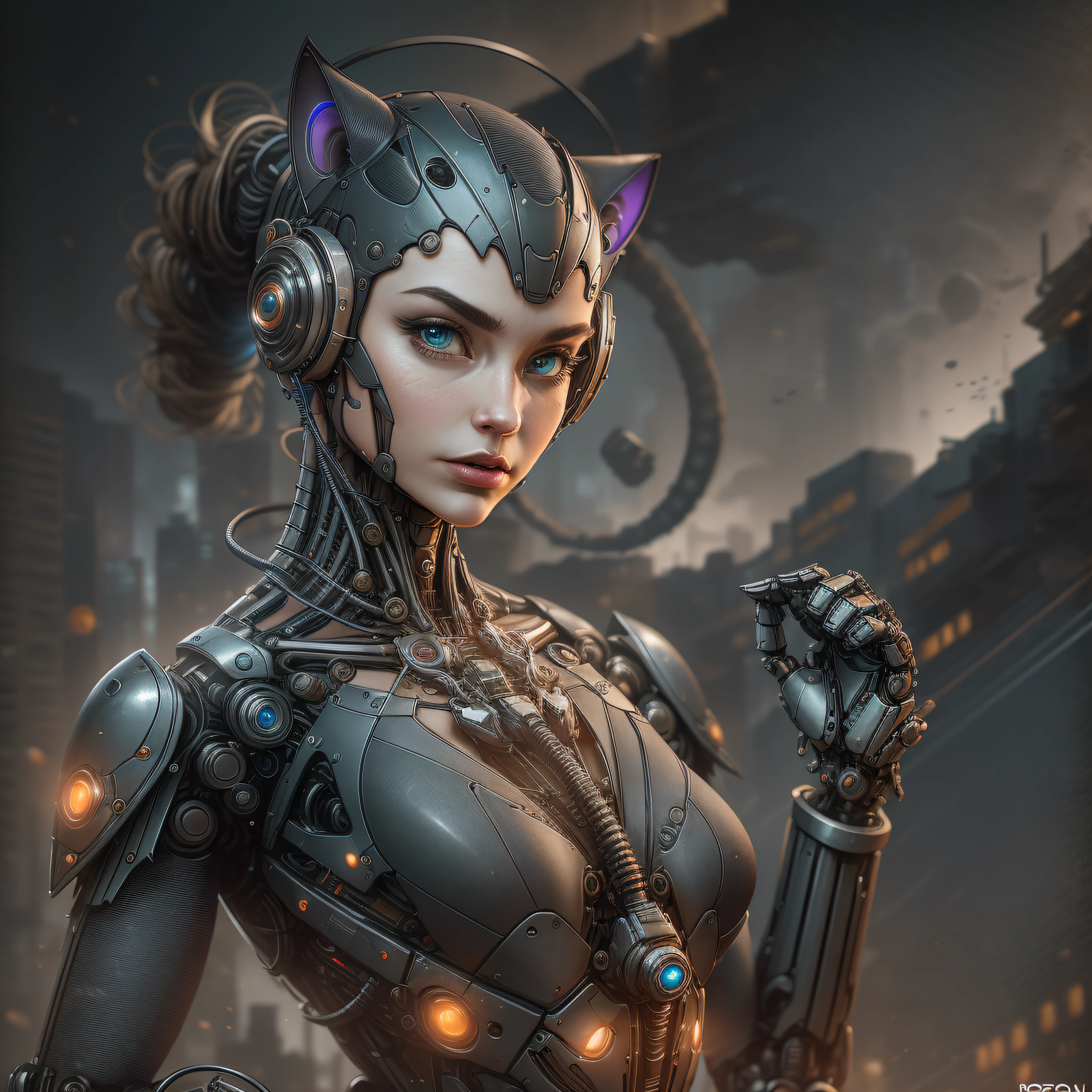 Catwoman from DC photography, biomechanical, complex robot, full growth, hyper-realistic, insane small details, extremely clean lines, cyberpunk aesthetic, masterpiece featured on Zbrush Central