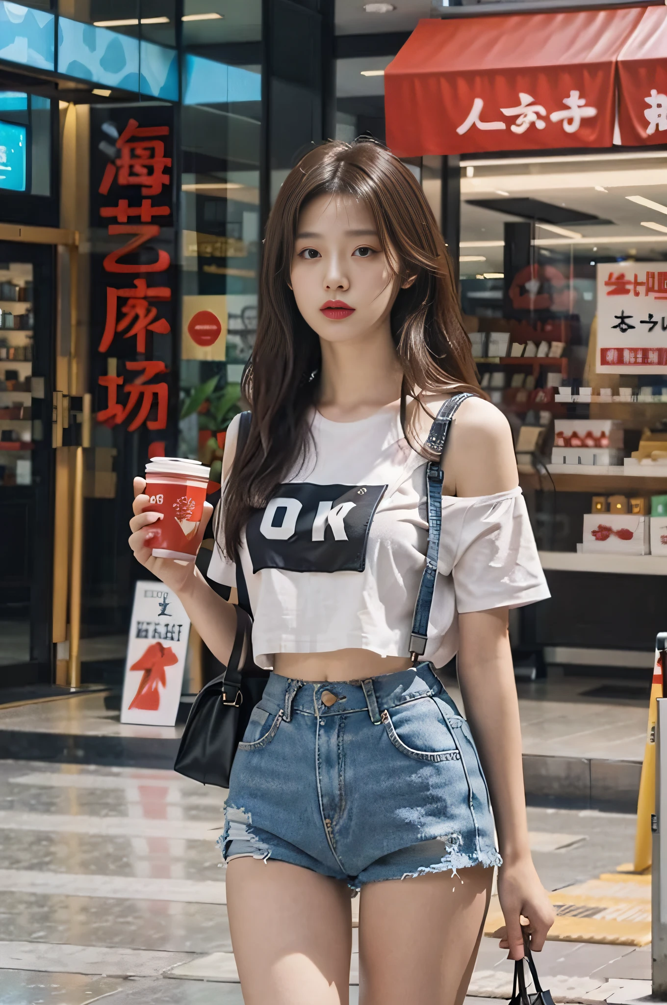 1 girl, Full body sexy photos,Jeans,Suspender T-shirt,Wearing sneakers, cropped shoulders,Expose most of your waist,Show the figure and facial features are delicate and three-dimensional, The expression is natural and real, cheerfulness,Detailed details,Real and natural,Walk next to the camera,Accidentally see your footage , wearing denim short shorts, photo of slim girl model, Straight dark brown hair ,floated hair,Large breasts, Walk in the square stylishly and naturally, The background is a spacious square in a fashion shopping mall,The ground is smooth,Advancedsense,High-rise building in background,Korean female model, Casual style, In fashion style, Trendy clothes, Solo, Detailed background, Square fashion clothing, Square fashion clothing, Sexy girl in shorts, Square fashion clothing,, very beautiful slim legs, Photorealistic, Street photography, Masterpiece, Realistic, Realistic, Photorealistic, High contrast, artstation 8k, High-definition realistic digital art trends, Detailed, Skin texture, Super detailed, Realistic skin texture, armature, Best quality, 超高分辨率, (Photorealistic :1.4), 超高分辨率, Detailed, primitive, Sharp Re, Port Kodak 400, Camera f1.6 shots, Rich colors, Ultra-realistic, Realistic textures, Dramatic lighting, illusory engine, Popular on the ArtStation Cinestill 800