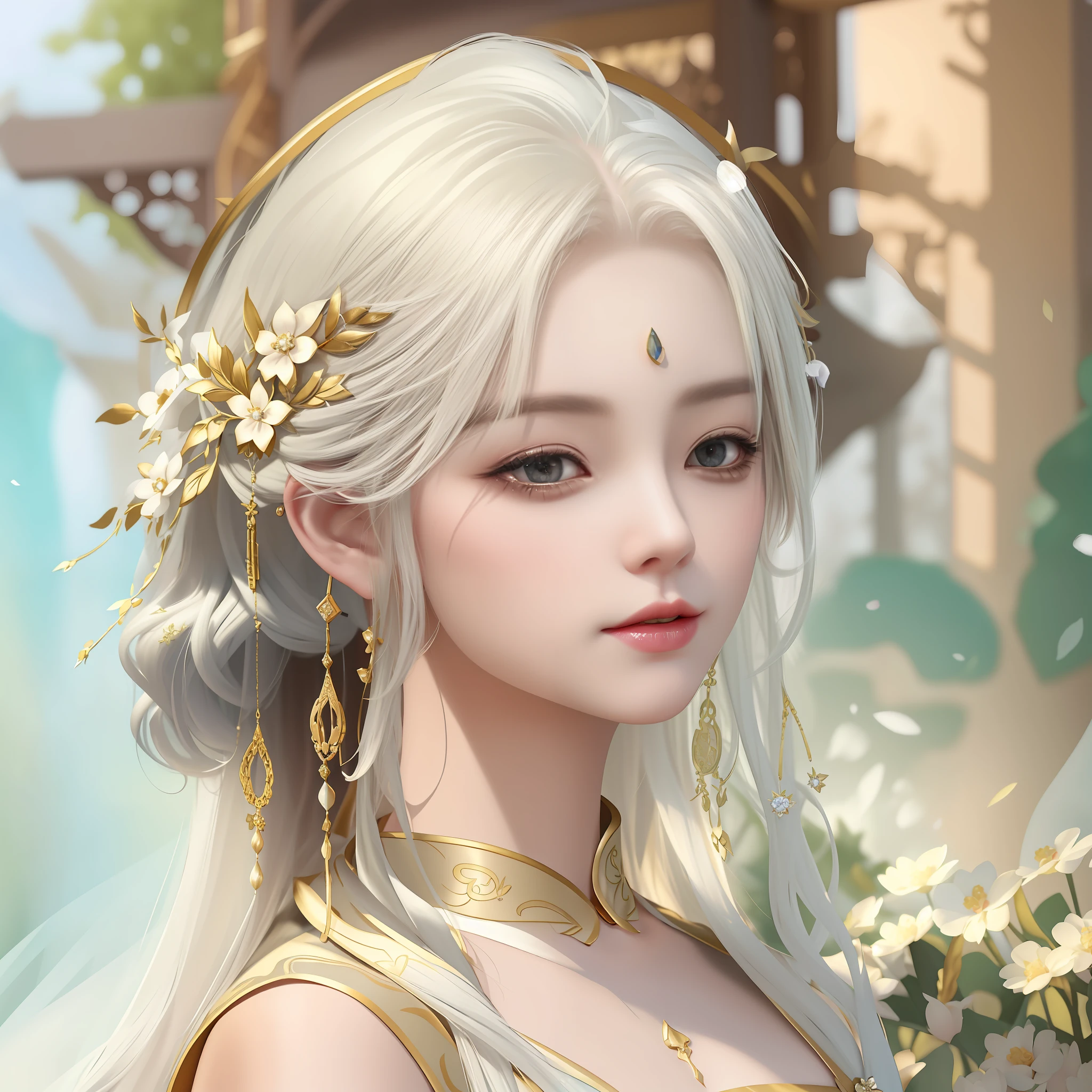 Blonde girl with white hair and gold jewelry in garden, Guviz, Guviz-style artwork, a beautiful fantasy empress, ((a beautiful fantasy empress)), Palace , A girl in Hanfu, Fantasy art style, guweiz masterpiece, drak, trending on cgstation, beautiful and elegant elf queen, By Li Song