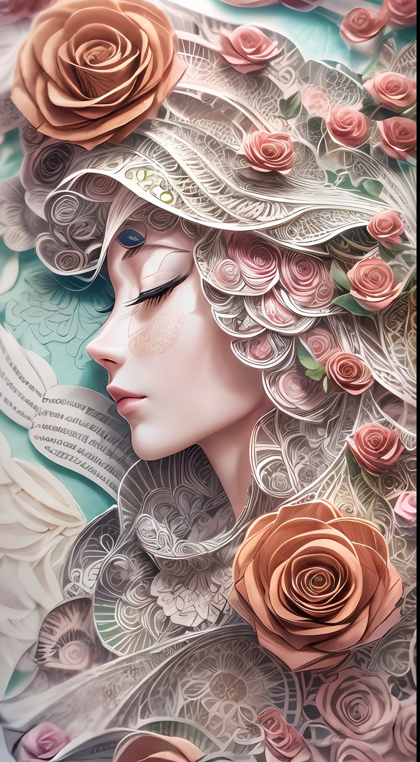 (illustration:1.3),paper art, zentangle,3D rendering,Spring,(Beauty side face,close eyes:1.3),(roses:1.2), Colorful, Best quality, Detailed details, Masterpiece, offcial art, Cinematic lighting effects, 4K,