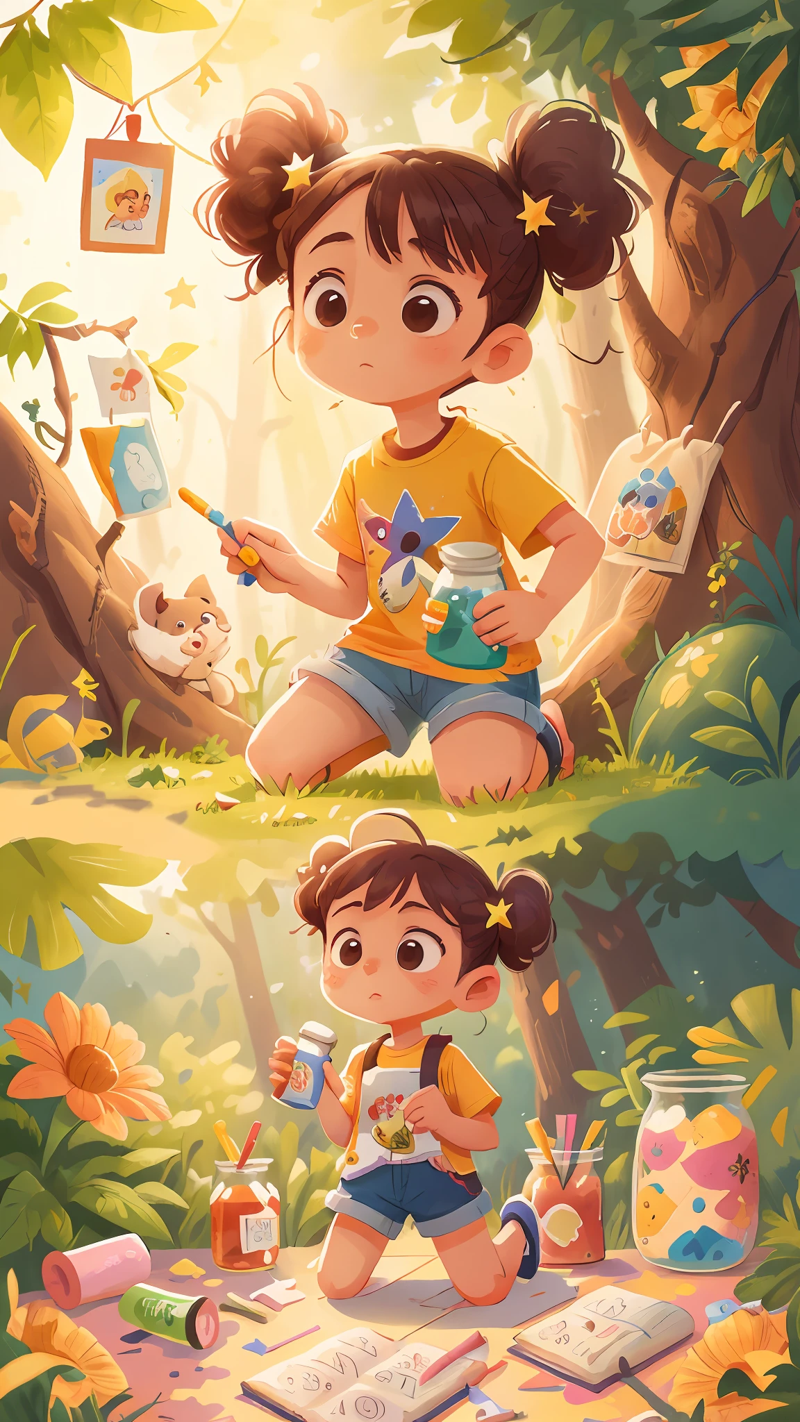 A 6-year-old girl is kneeling in a park, She's wearing a colorful star-drawn shirt and jean shorts, is curious, holding a jar of colored paint side view of the scene, qualidade perfeita, foco claro (mess - house: 0.8), (obra-prima: 1.2) (Realista: 1.2) (Bokeh) (Melhor qualidade) (Pele detalhada: 1.3) (Detalhes intrincados) (8K) (Detalhe Olho) (foco nítido), (Infeliz)