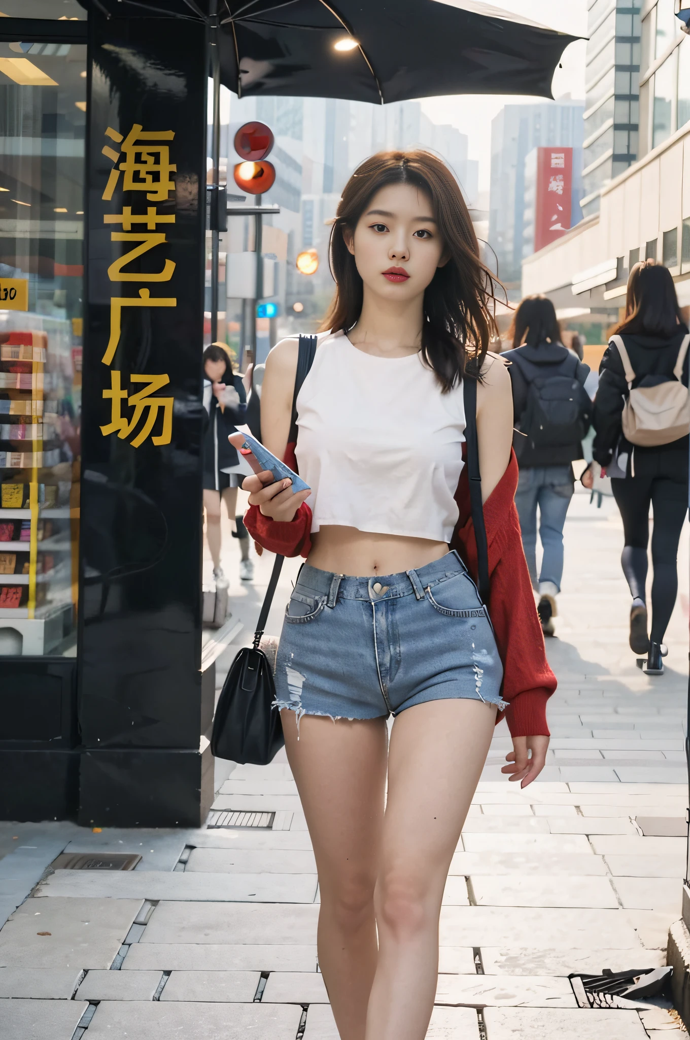 1 girl, Full body sexy photos,Jeans,Suspender T-shirt,Wearing sneakers, cropped shoulders,open waist,The facial features are delicate and three-dimensional, The expression is natural and real, cheerfulness,Detailed details,Real and natural,Walk next to the camera,Accidentally see your footage , wearing denim short shorts, photo of slim girl model, Straight dark brown hair ,floated hair,Large breasts, Walk in style and naturally on the square, The background is a spacious square in a fashion shopping mall,The ground is smooth,Advancedsense,High-rise building in background,Korean female model, Casual style, In fashion style, Trendy clothes, Solo, Detailed background, Square fashion clothing, Square fashion clothing, Sexy girl in shorts, Square fashion clothing,, very beautiful slim legs, Photorealistic, Street photography, Masterpiece, Realistic, Realistic, Photorealistic, High contrast, artstation 8k, High-definition realistic digital art trends, Detailed, Skin texture, Super detailed, Realistic skin texture, armature, Best quality, 超高分辨率, (Photorealistic :1.4), 超高分辨率, Detailed, primitive, Sharp Re, Port Kodak 400, Camera f1.6 shots, Rich colors, Ultra-realistic, Realistic textures, Dramatic lighting, illusory engine, Popular on the ArtStation Cinestill 800