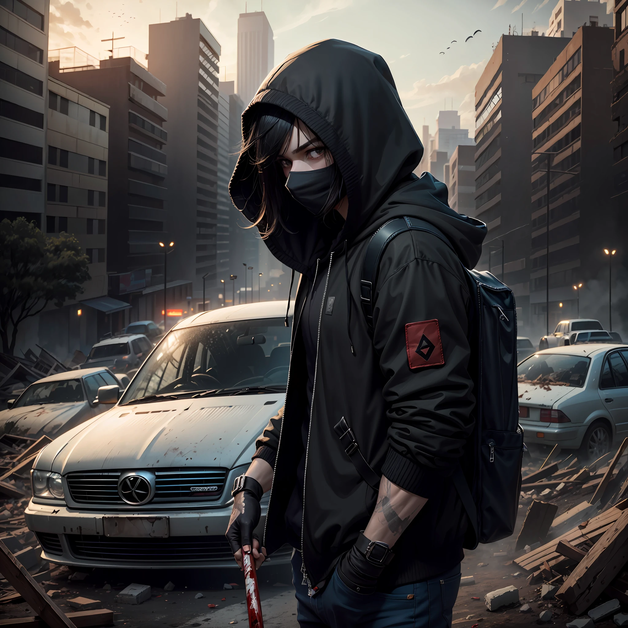 (masterpiece、top-quality)、Doomsday World、Collapsed buildings、A ruined cityscape where zombies roam、Several cars destroyed、during daytime、((only1Young man wandering with people、Black hoodie、Hood Up、Long black bangs that do not allow you to see around the eyes、Hiding his mouth with a black bandana、Gray jeans、Black leather gloves、Carrying a black rucksack、Holding a metal bat with blood on it、Equipped with a machete at the waist))、((Multiple zombies roaming in the background))