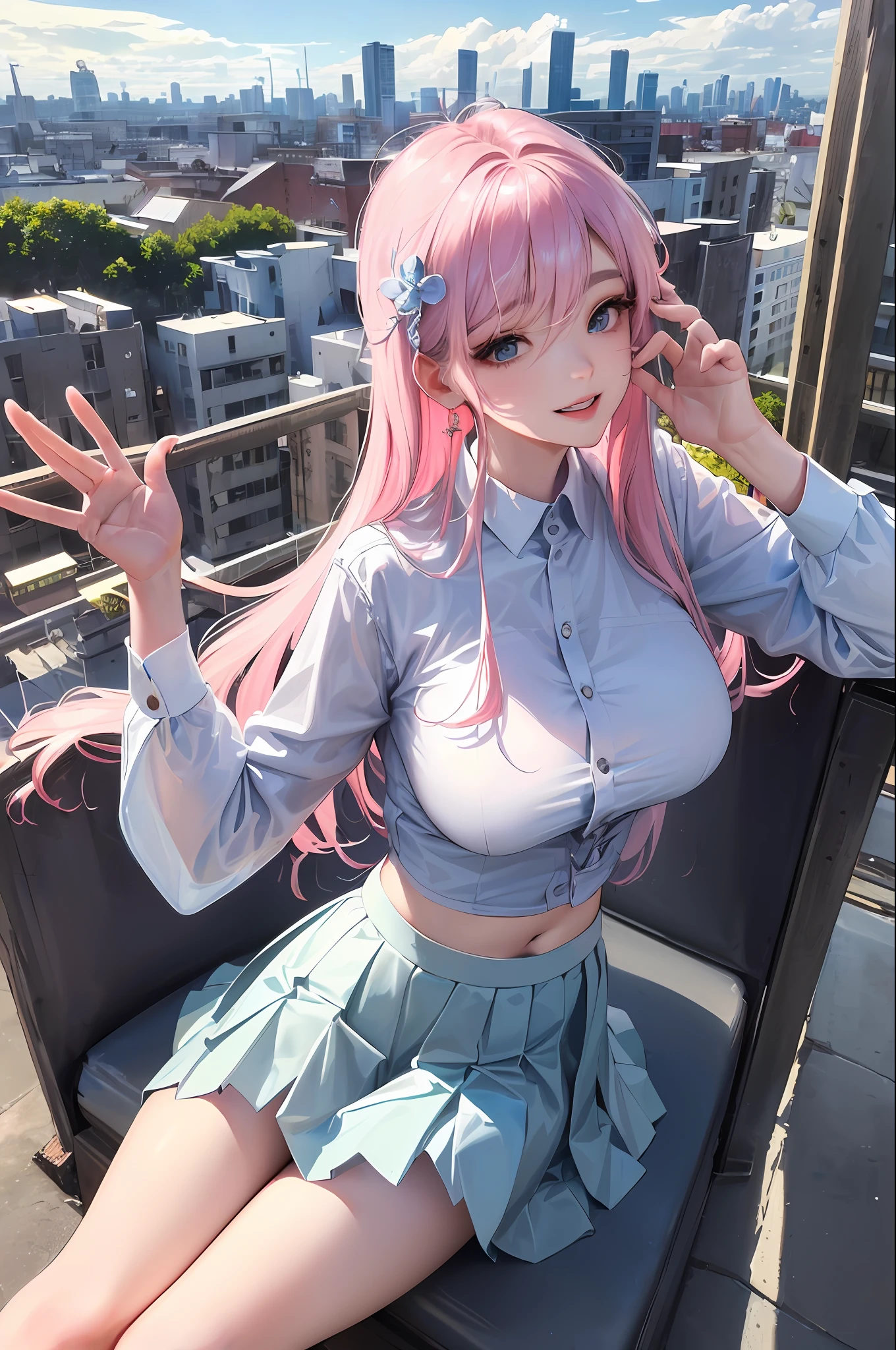 official art, masterpiece, sharp focus, (beautiful gorgeous cute Korean woman:1.3), (beautiful cute korean:1.3), korean beauty, Delicate and beautiful hair and eyes and face, realistic, ultra detailed, beautiful girl, blue sky, glow white particle, (sidelighting:1.2), sun light, white cloud, detailed clouds, slender, Lovely very large breasts and very large hips, smile with teeth, ((smile with eyes, open both eyes)), scenery, long straight hair, sexy facial expression, building, (cityscape:1.7), dynamic hair, long straight hair, detailed platinum pink hair, glow blue eyes, (blue pleated shirts + white skirt), white long socks, pale skin, hair ornament, epic scenery,