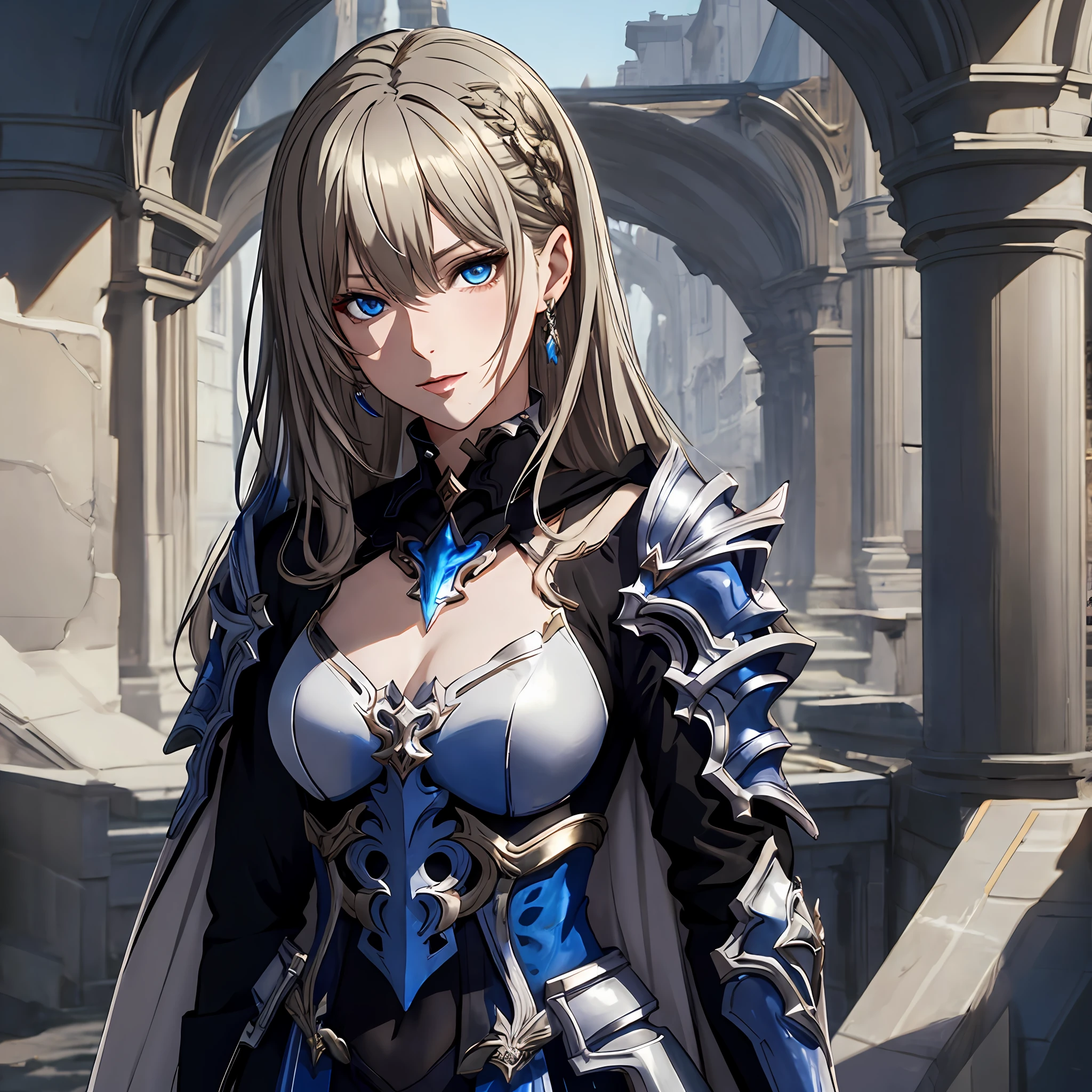 masterpiece, best quality, 1woman, adult, female focus, solo, blonde hair, long hair, vibrant blue eyes, looking at viewer, High quality metal texture, closed mouth, bangs, high collar,(kbxll:0.6), Fantasy aesthetics, Highly detailed, shadowverse style, silver armor, cape, coat