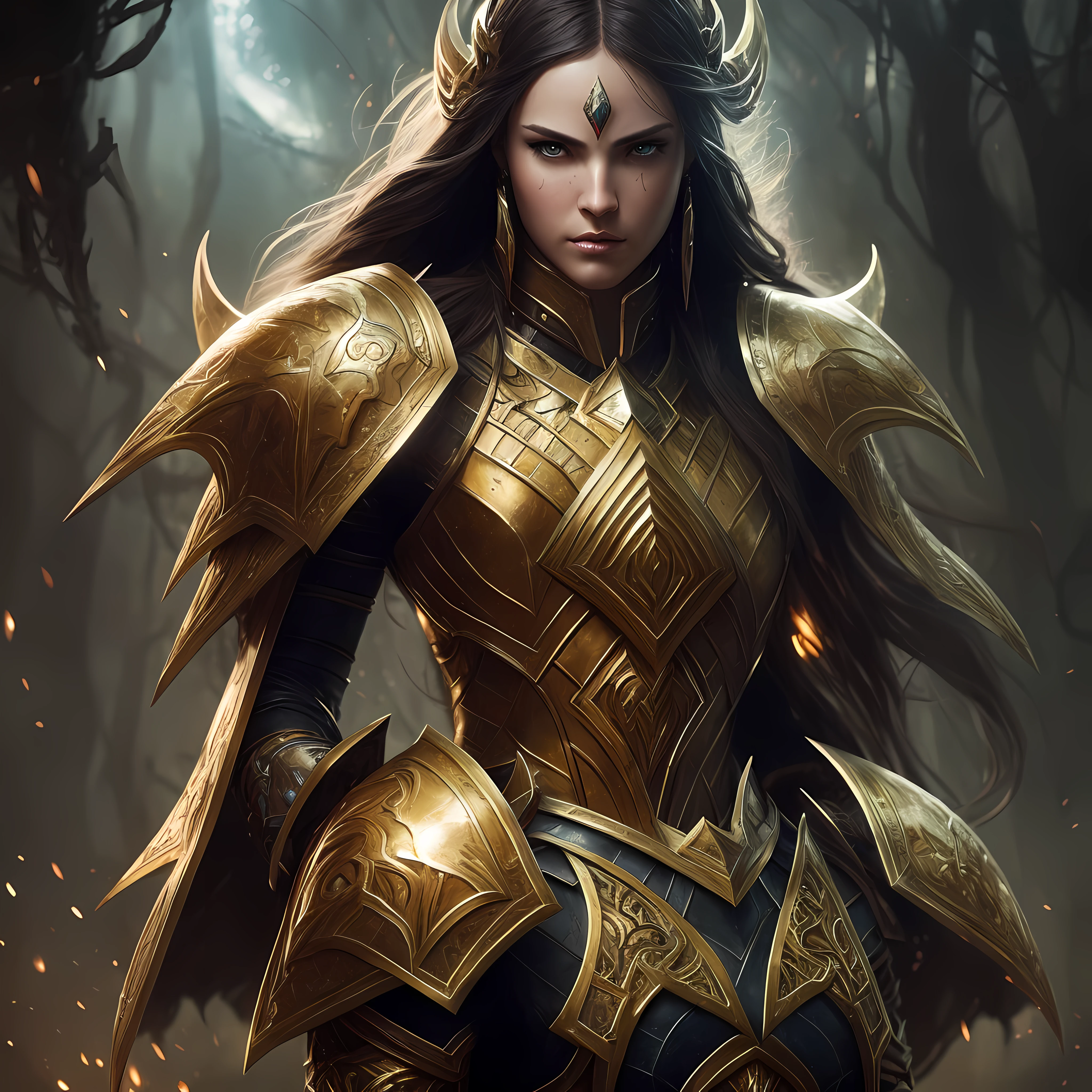 One (full body: 1.3) shot with 8k resolution, splash art, fantastic comic book style, photorealistic, intense visual, anatomical portrait of photorealistic digital painting of a (Woman 30 years: 1.3) human (warrior: 1.3) in intricate black and gold (heavy armor: 1.3) in one (dark and temperamental universe: 1.3), particle of light, very detailed skin, very detailed eyes, (Elden Ring style: 1.3), (Warhammer style: 1.1), conceptual artist, global lighting, depth of field, splash art, art by Artgerm and Greg Rutkowski and Viktoria Gavrilenko --auto
