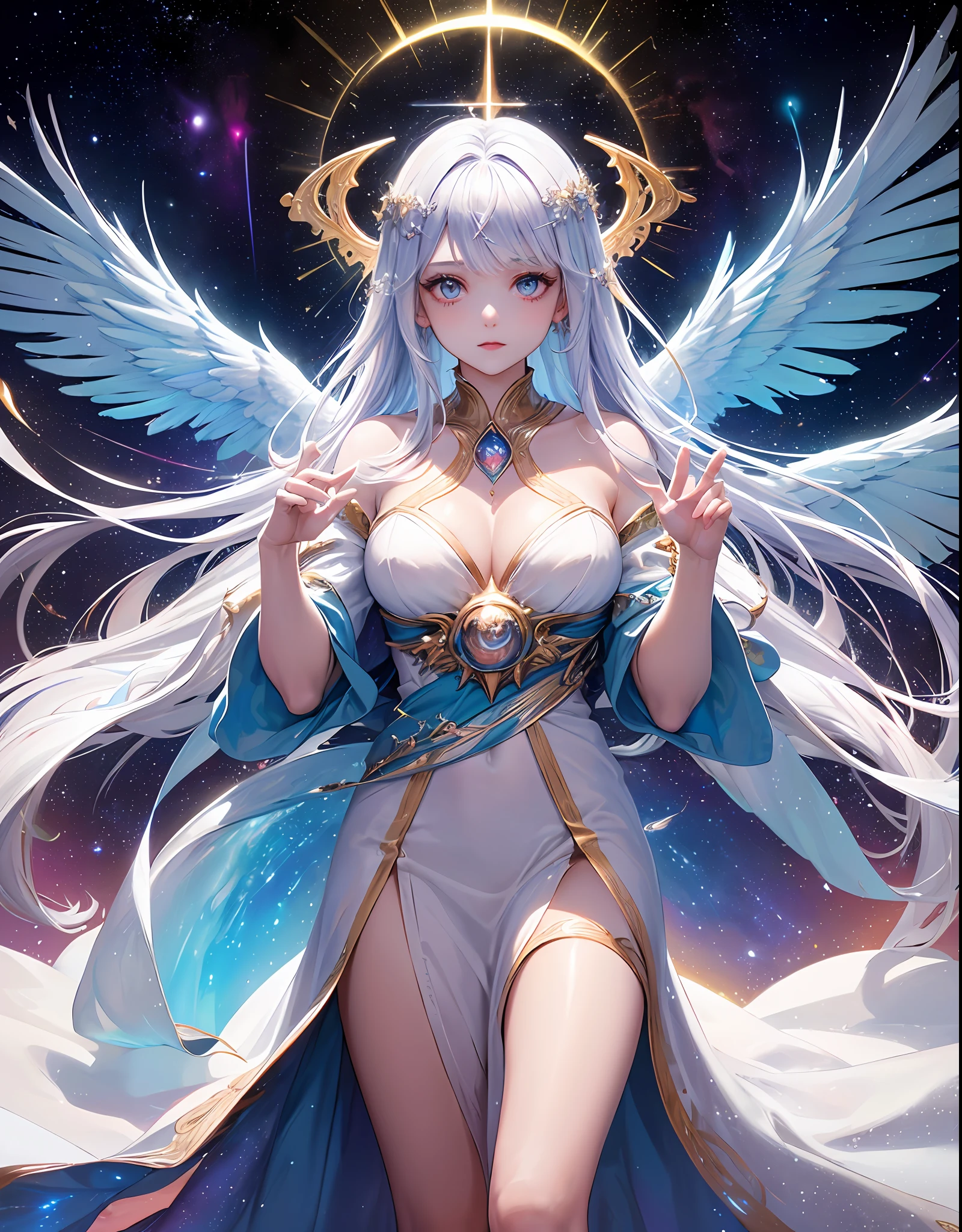 (((Masterpiece))), (((Best quality))), ((ultra-detailed)), (highly detailed CG illustration), ((an ethereal goddess)), (from a celestial perspective), celestial lighting, ((1 divine female character)), solo, full body, ((flowing robes made of stardust:1.2)), ((glowing halo radiating celestial energy:1.2)), ((wings of iridescent feathers:1.2)), (graceful floating pose), ((translucent skin shimmering with cosmic patterns:1.2)), ((eyes reflecting the mysteries of the universe:1.2)), ((hands emitting pulsating stardust:1.2)), character focus, celestial realm, cosmic background, celestial colors, ((face adorned with constellations:1.2)), ((robes intertwining with nebulae and galaxies:1.2)), ((wings spanning majestically, exuding cosmic light:1.2)).