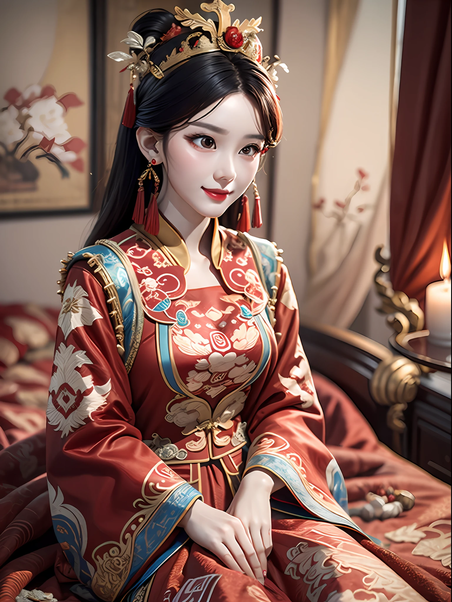 (Best quality: 1.1), (Realistic: 1.1), (Photography: 1.1), (highly details: 1.1), A man wears a red and gold dress，Woman with a crown on her head, A hair stick, (sitting on red bed), Blushing, Shy, black_Hair, crown, Looking down, (2 red candles), Chinese_clothes, Curtains, Earrings, Hair_decorations, Hanfu, interiors, jewelry, Long_Sleeves, Red dress, Redlip, nipple tassels, (Red quilt), (red palace: 1.2), (3DMM),mix4,