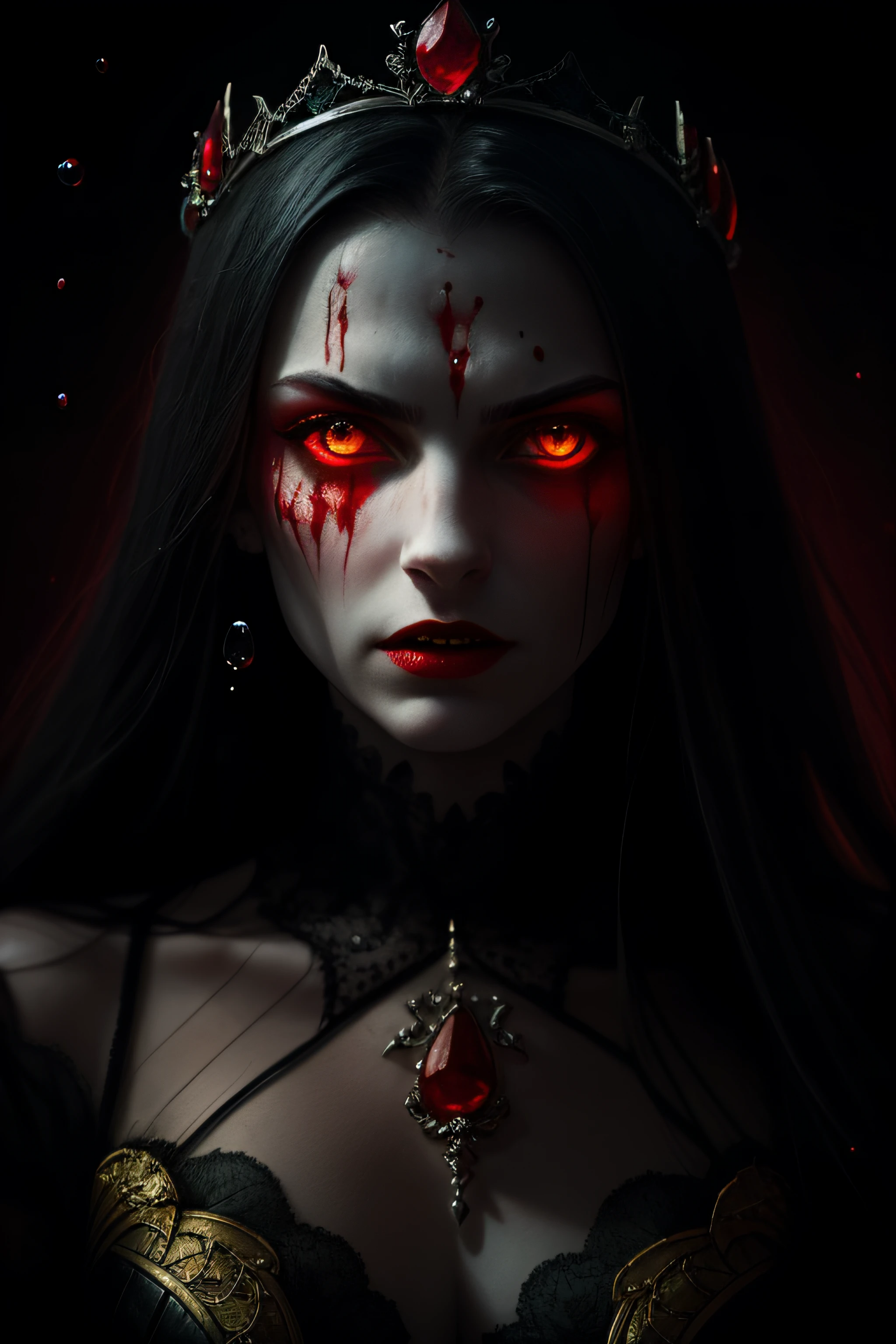 (sharp focus:1.1) photo of a vampire queen, blood droplets, blood soaked hair, ruby tiara, lace dress, alluring, yellow eyes, dark shadows, intensity, insanity, 8k, high quality, intricate details, close up, glowing eyes,