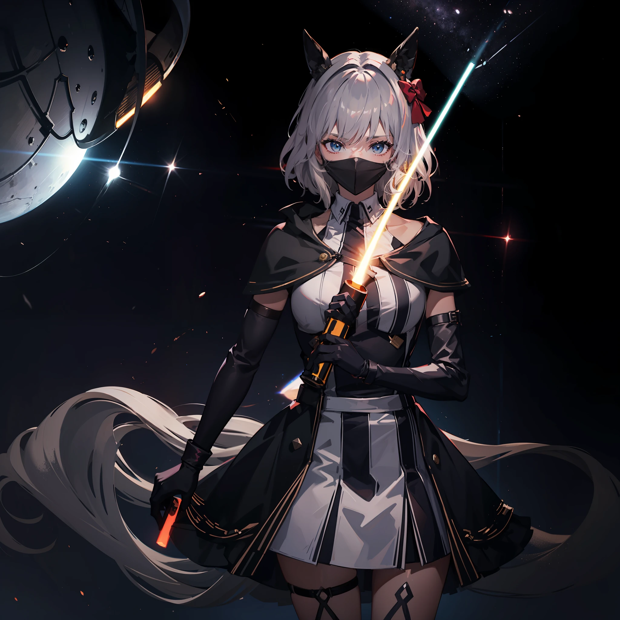 HD 4K,sci fi background,The characters are dressed in sci-fi armor,The head is equipped with a mask,holding light saber。