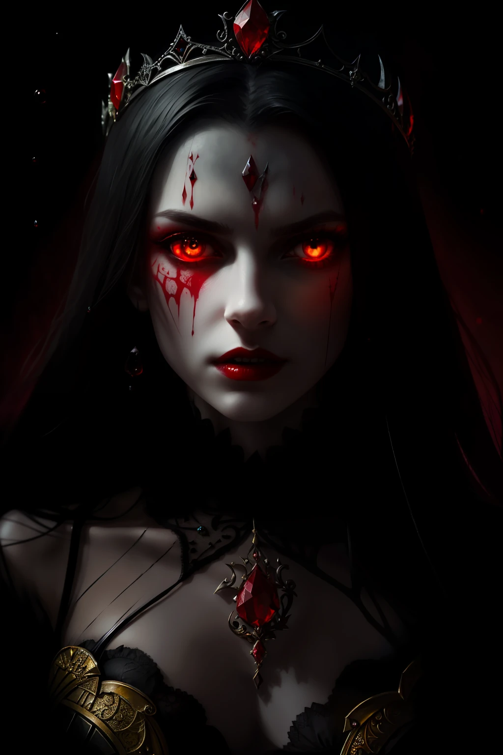 (sharp focus:1.1) photo of a vampire queen, blood droplets, blood soaked hair, ruby tiara, lace dress, alluring, yellow eyes, dark shadows, intensity, insanity, 8k, high quality, intricate details, close up, glowing eyes,