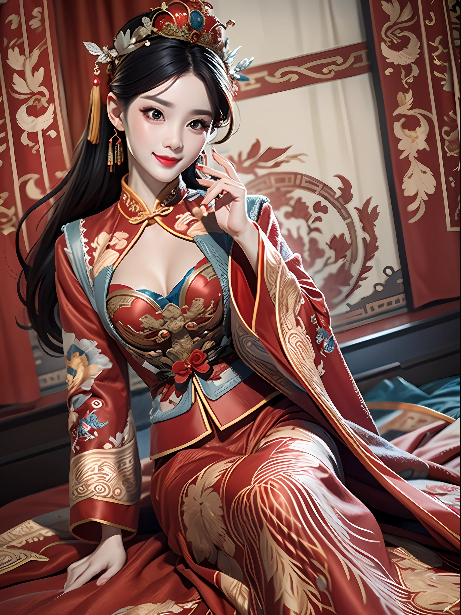 Best quality: 1.1), (Realistic: 1.1), (Photography: 1.1), (highly details: 1.1), A man wears a red and gold dress，Woman with a crown on her head, A hair stick, (sitting on red bed), Blushing, Shy, black_Hair, crown, Looking down, (2 red candles), Chinese_clothes, Curtains, Earrings, Hair_decorations, Hanfu, interiors, jewelry, Long_Sleeves, Red dress, Redlip, nipple tassels, (Red quilt), (red palace: 1.2), (3DMM),mix4,