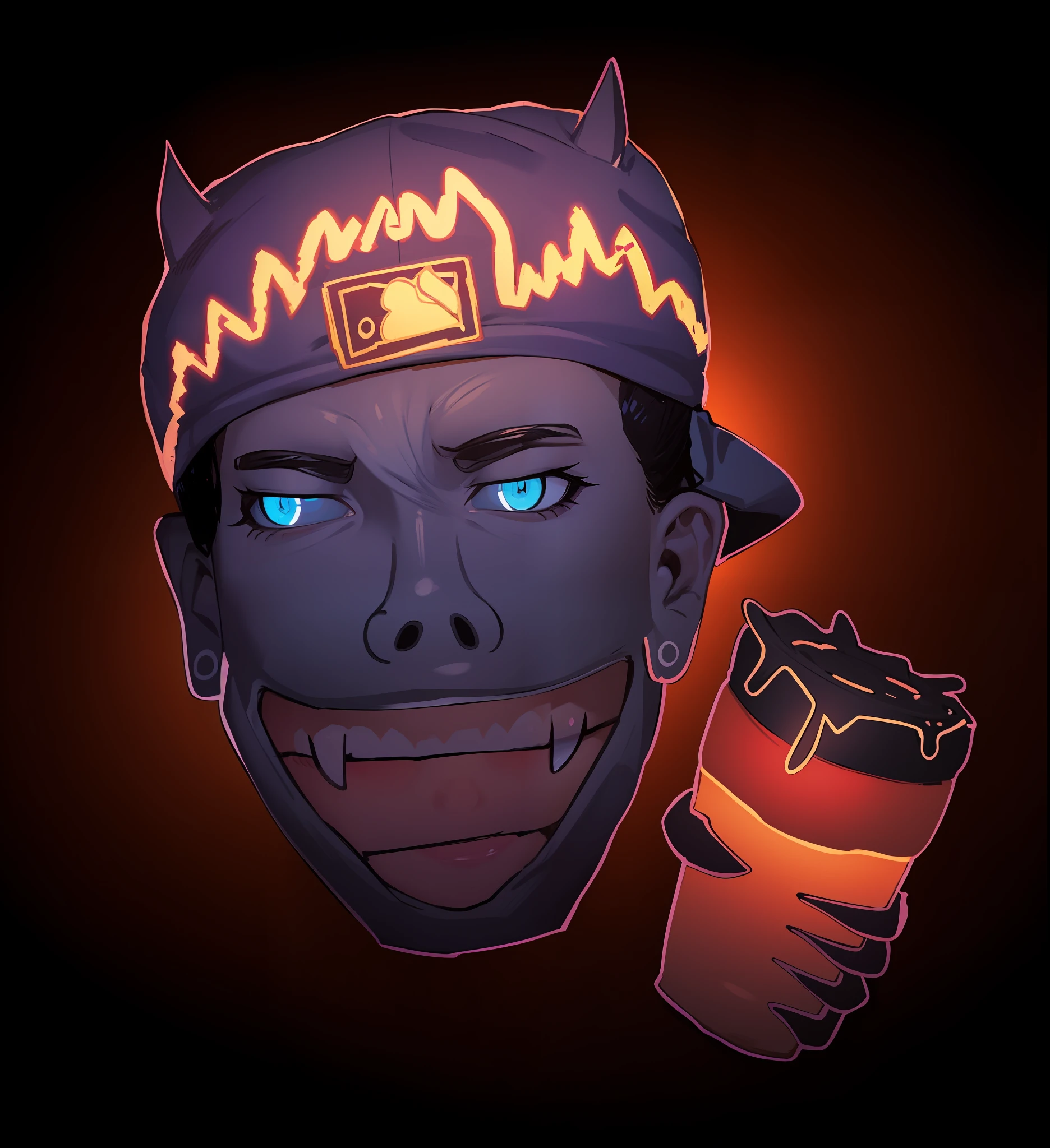 Um garoto, sorriso malvado, segurando um purple drank, Blue cap with flames, olhos vermelhos, desenho de linha, manga, desenho alfared, sem fundo, manter igual, do not change image, melhor qualidade, boca aberta, dentes de vampiro, bebida roxa