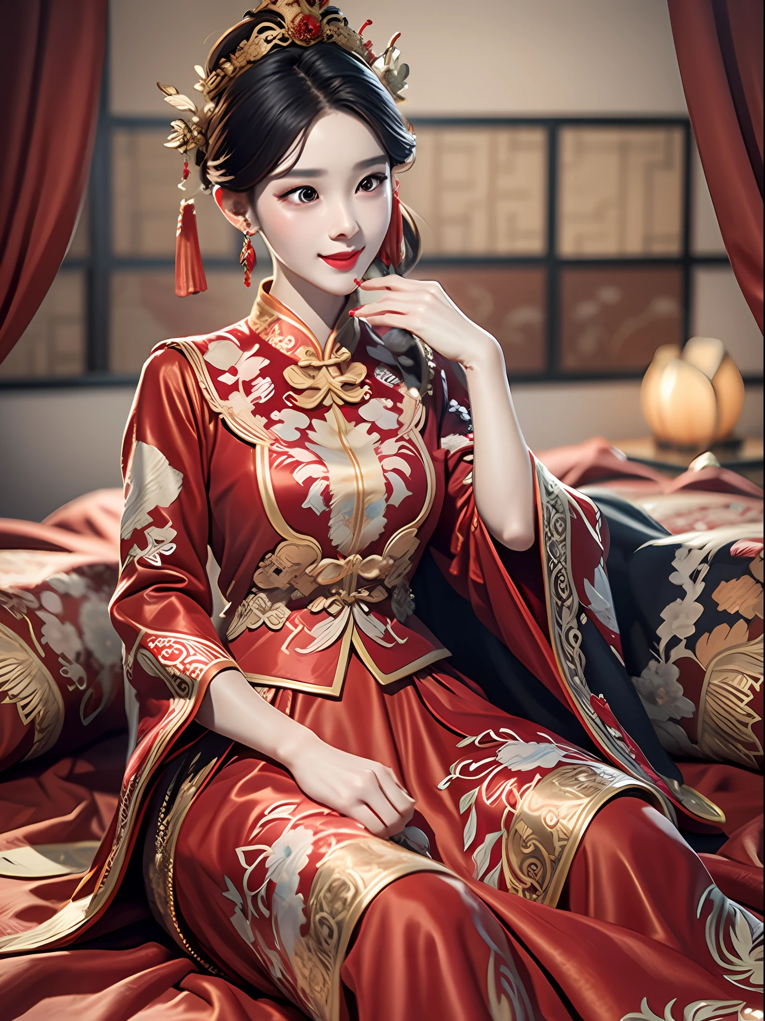 Best quality: 1.1), (Realistic: 1.1), (Photography: 1.1), (highly details: 1.1), A man wears a red and gold dress，Woman with a crown on her head, A hair stick, (sitting on red bed), Blushing, Shy, black_Hair, crown, Looking down, (2 red candles), Chinese_clothes, Curtains, Earrings, Hair_decorations, Hanfu, interiors, jewelry, Long_Sleeves, Red dress, Redlip, nipple tassels, (Red quilt), (red palace: 1.2), (3DMM),mix4,