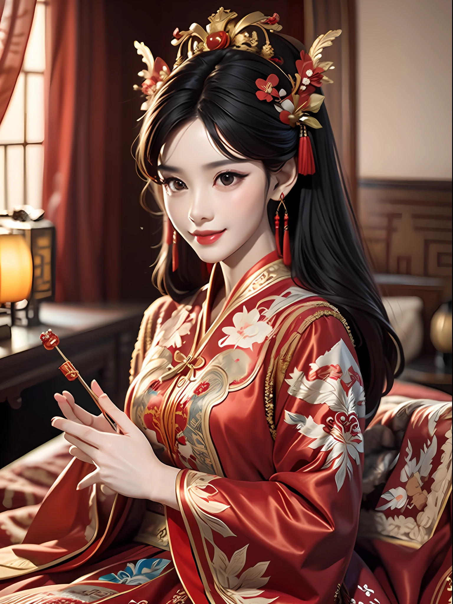 Best quality: 1.1), (Realistic: 1.1), (Photography: 1.1), (highly details: 1.1), A man wears a red and gold dress，Woman with a crown on her head, A hair stick, (sitting on red bed), Blushing, Shy, black_Hair, crown, Looking down, (2 red candles), Chinese_clothes, Curtains, Earrings, Hair_decorations, Hanfu, interiors, jewelry, Long_Sleeves, Red dress, Redlip, nipple tassels, (Red quilt), (red palace: 1.2), (3DMM),mix4,