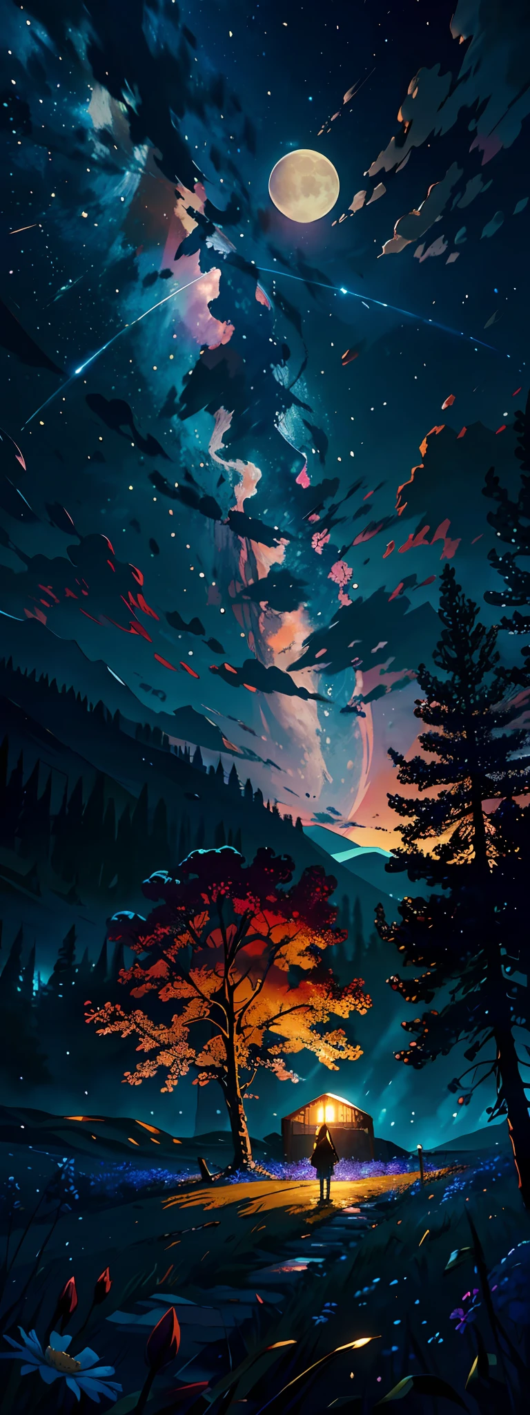 Expansive landscape photograph, (view from below with a view of the sky and the wilderness below), girl standing in a flower field looking up, (full moon: 1.2), (shooting star: 0.9), (nebula: 1.3), distant mountain, tree break production art, (warm light source: 1.2), (firefly: 1.2), lamp, purple and orange, intricate detail, volume lighting BREAK (masterpiece: 1.2), (highest quality ), 4k, ultra-detailed, (dynamic configuration: 1.4), highly detailed and colorful details (iridescent: 1.2), (sparkling lighting, atmospheric lighting), dreamy, magical, (solo: 1.2)
