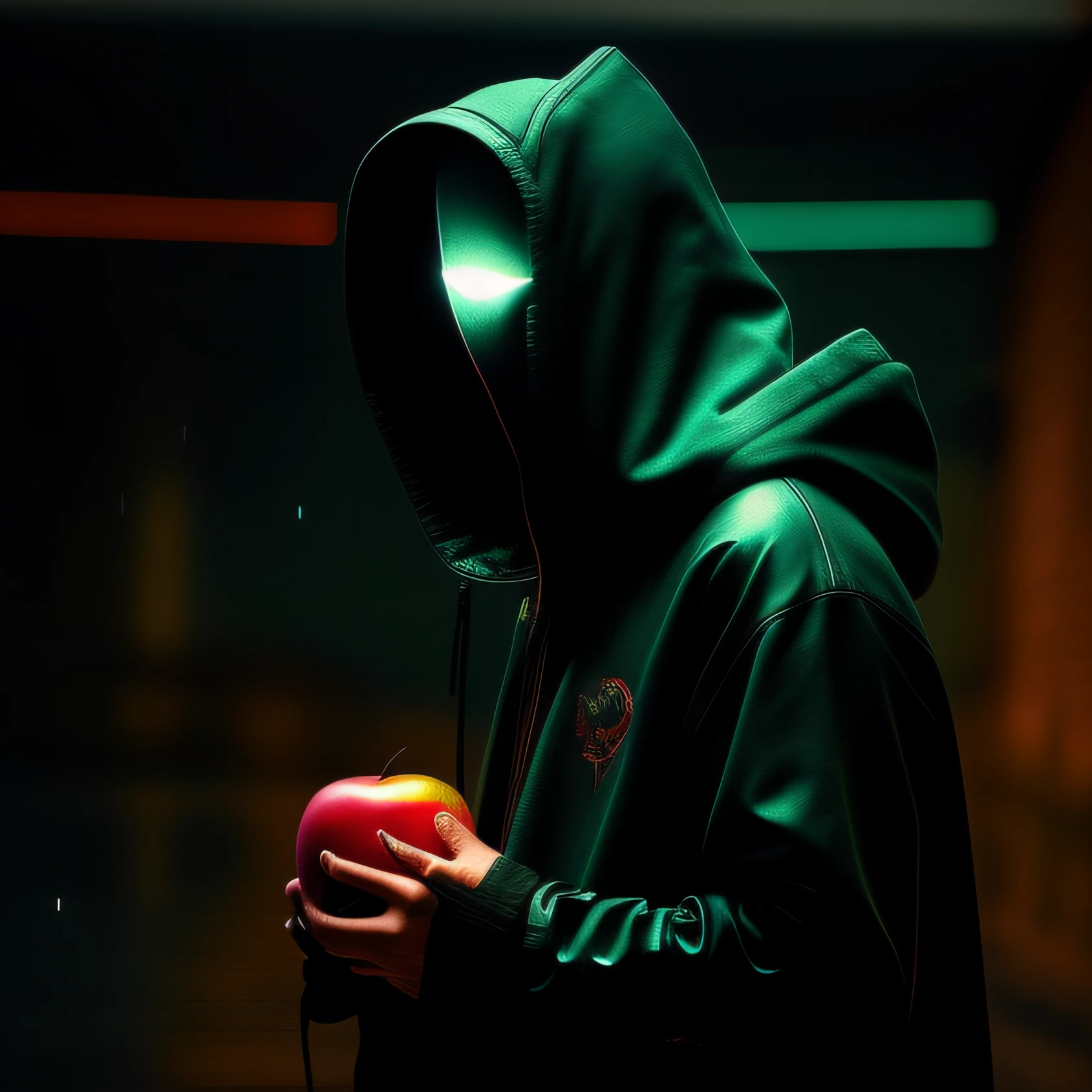 a hooded man holding an apple in front of a dark background, hacker cyberpunk, Cybernetic style, darksynth cyberpunk, estilo cyberpunk horror, dark cyberpunk illustration, arte digital cyberpunk, cyber noir, hacker, cyberpunk sombrio, foto de perfil 1024px, cyber aesthetic, figura encapuzada surreal, tem estilo cyberpunk, estilo de arte cyberpunk, evil artificial intelligence --auto